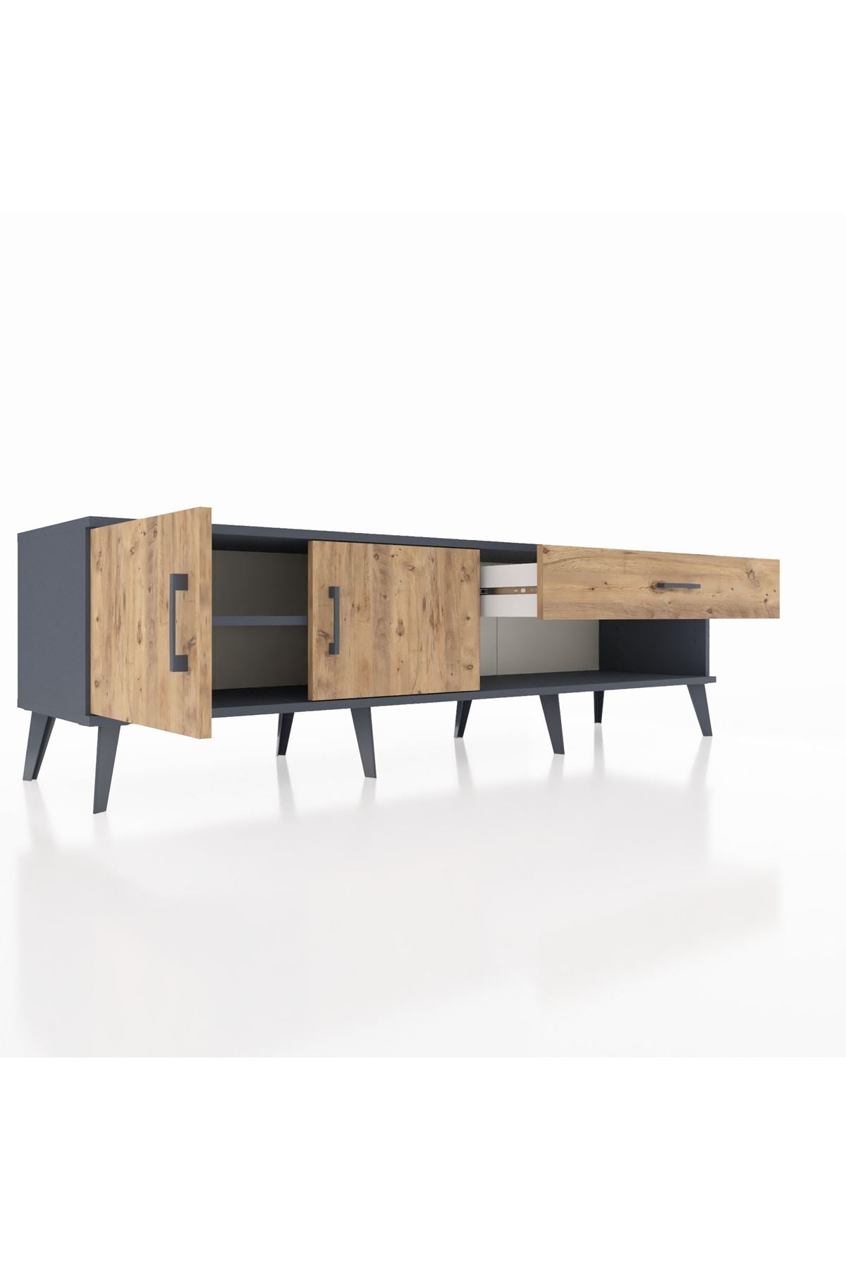 Hyperion TV Ünitesi Tek Raflı Tek Çekmeceli 2 Kapaklı 176x44x51 Antrasit-Çam/Çam