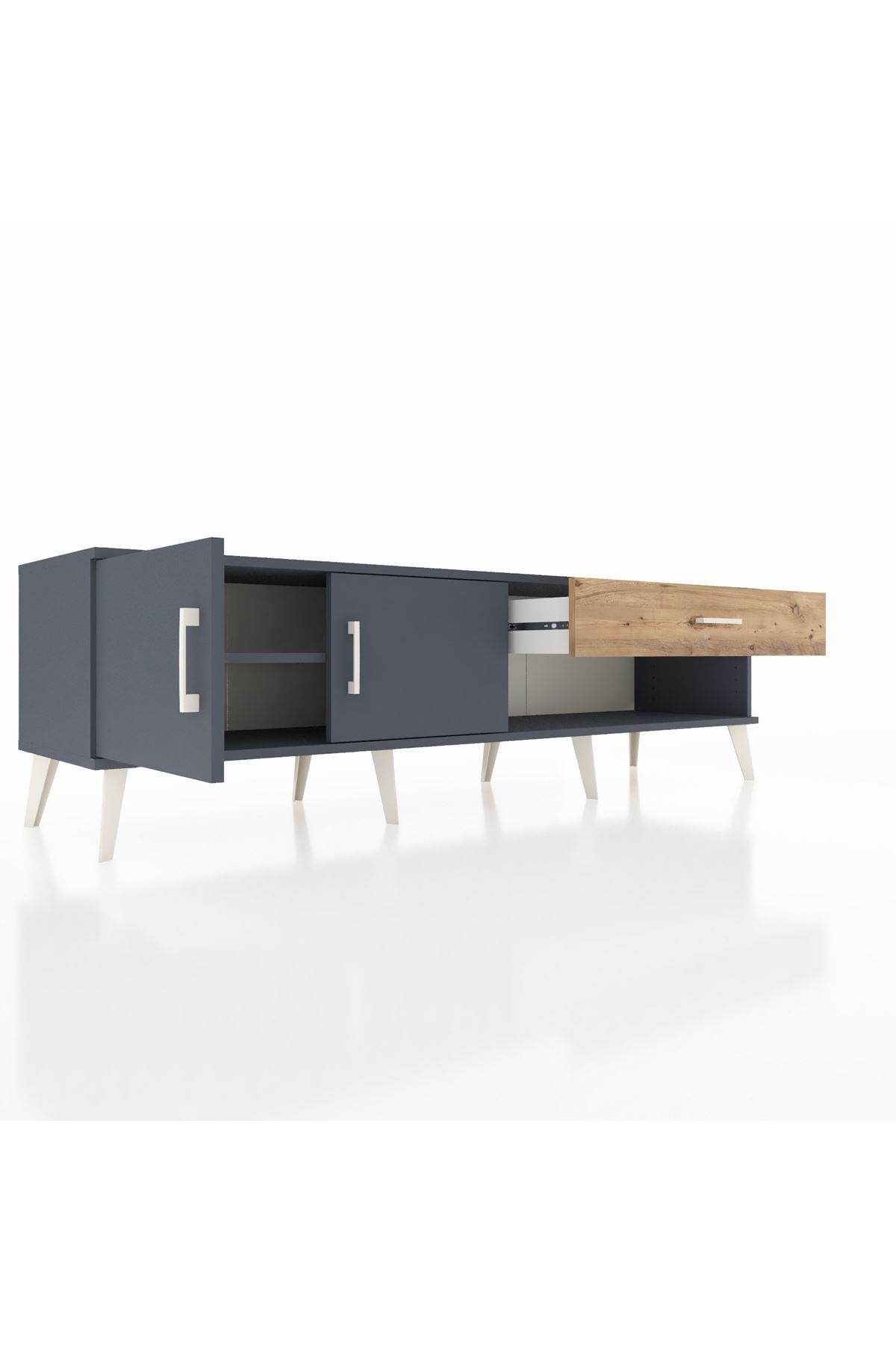 Hyperion TV Ünitesi Tek Raflı Tek Çekmeceli 2 Kapaklı 176x44x51 Antrasit-Antrasit/Çam