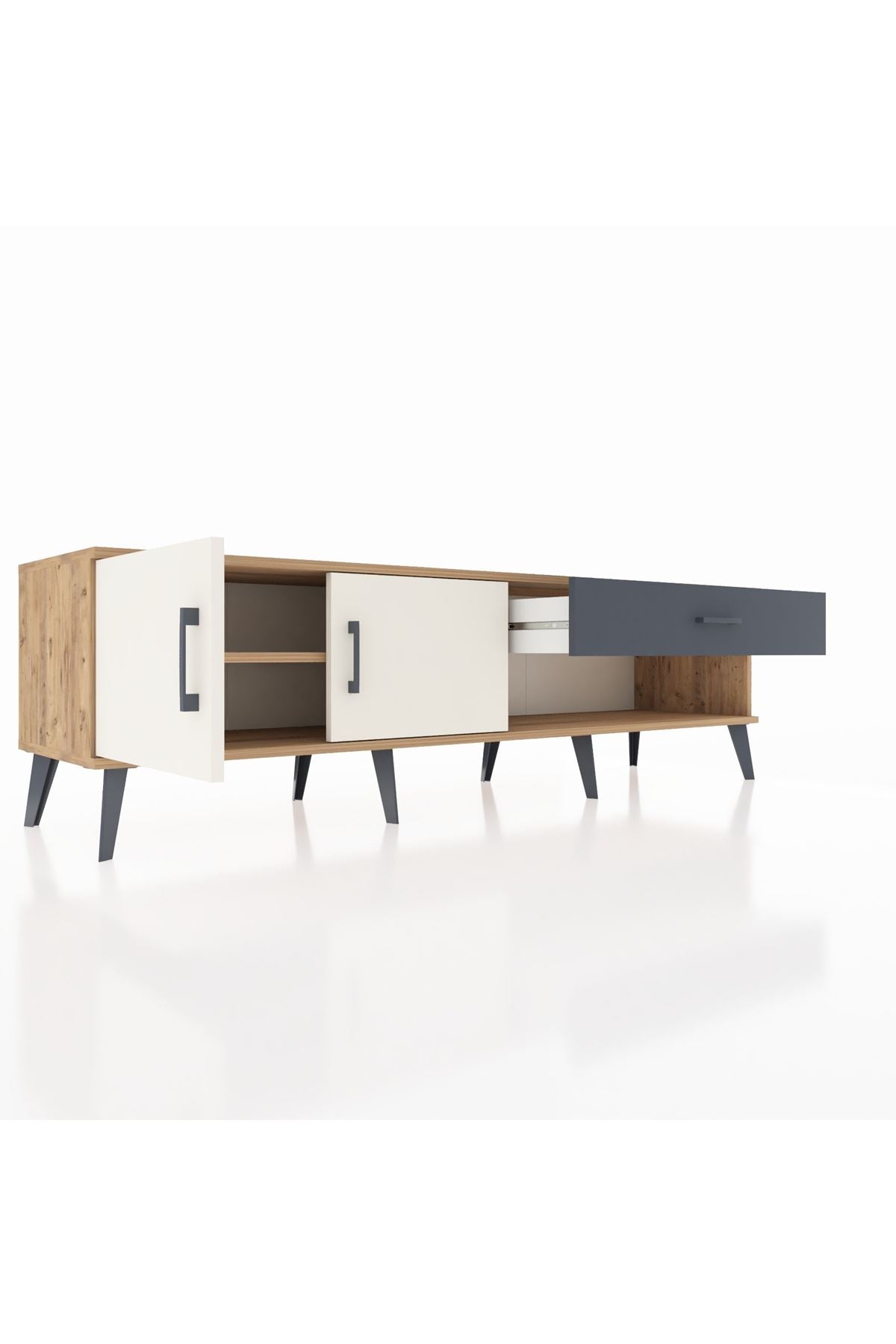 Hyperion TV Ünitesi Tek Raflı Tek Çekmeceli 2 Kapaklı 176x44x51 Çam-Aytaşı/Antrasit