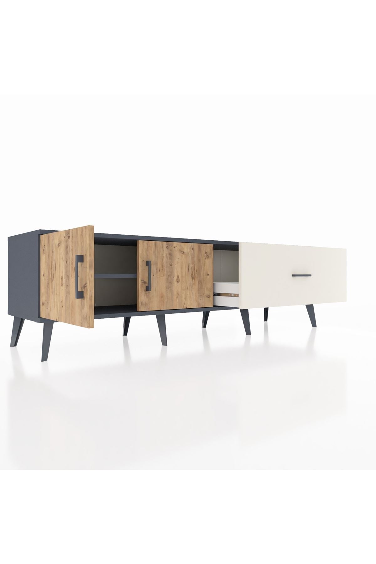 Hyperion TV Ünitesi Tek Raflı Tek Çekmeceli 2 Kapaklı 176x44x51 Antrasit-Çam/Aytaşı