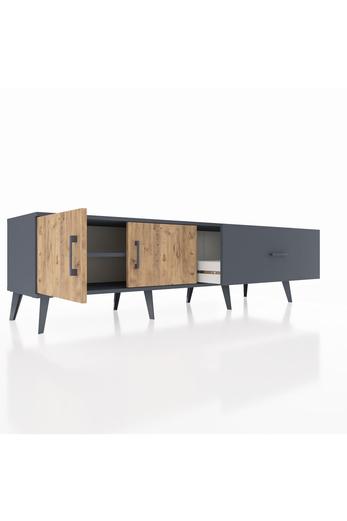 Hyperion TV Ünitesi Tek Raflı Tek Çekmeceli 2 Kapaklı 176x44x51 Antrasit-Çam/Antrasit