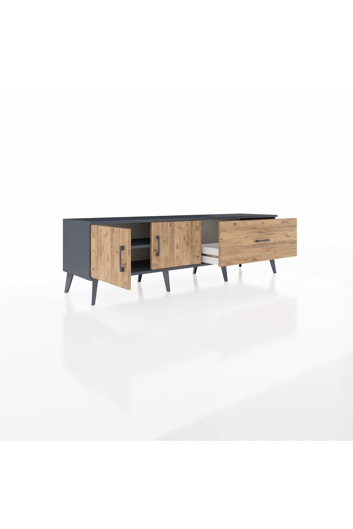 Hyperion TV Ünitesi Tek Raflı Tek Çekmeceli 2 Kapaklı 176x44x51 Antrasit-Çam/Çam