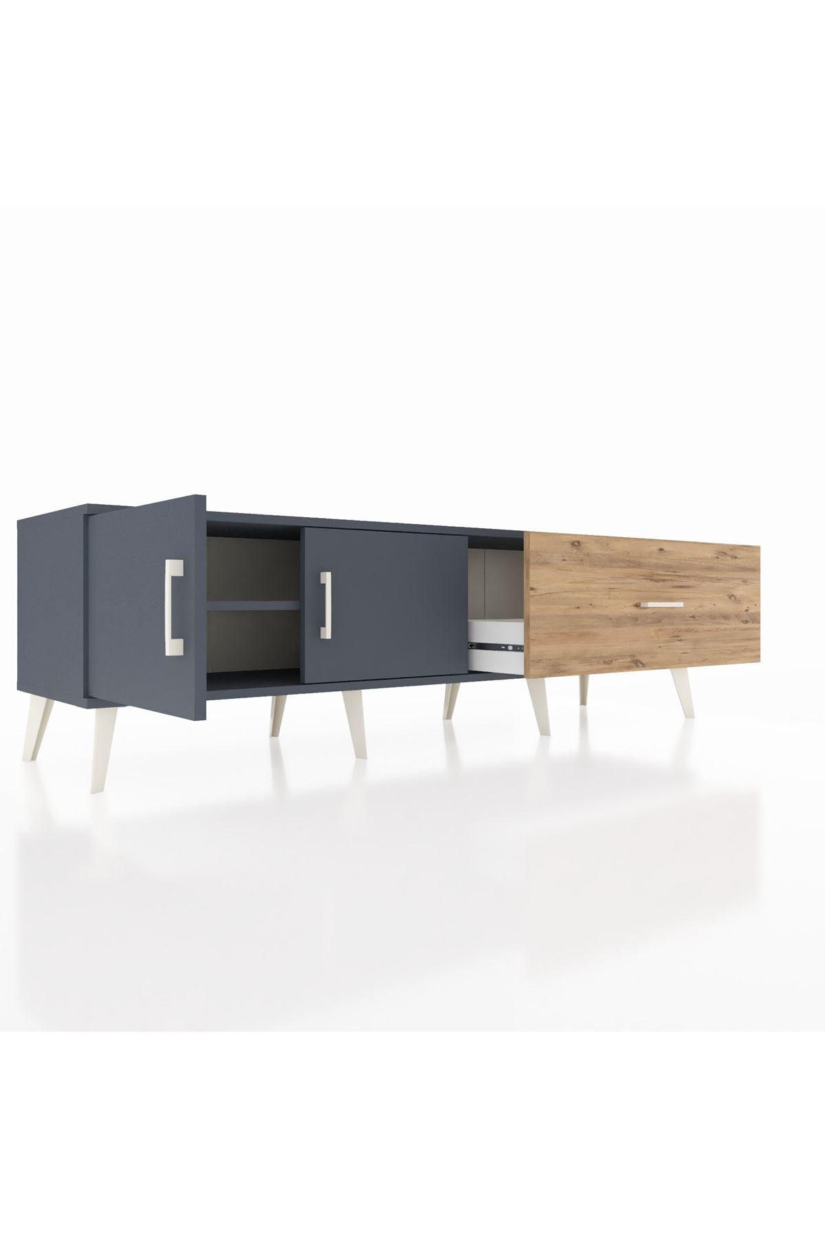 Hyperion TV Ünitesi Tek Raflı Tek Çekmeceli 2 Kapaklı 176x44x51 Antrasit-Antrasit/Çam