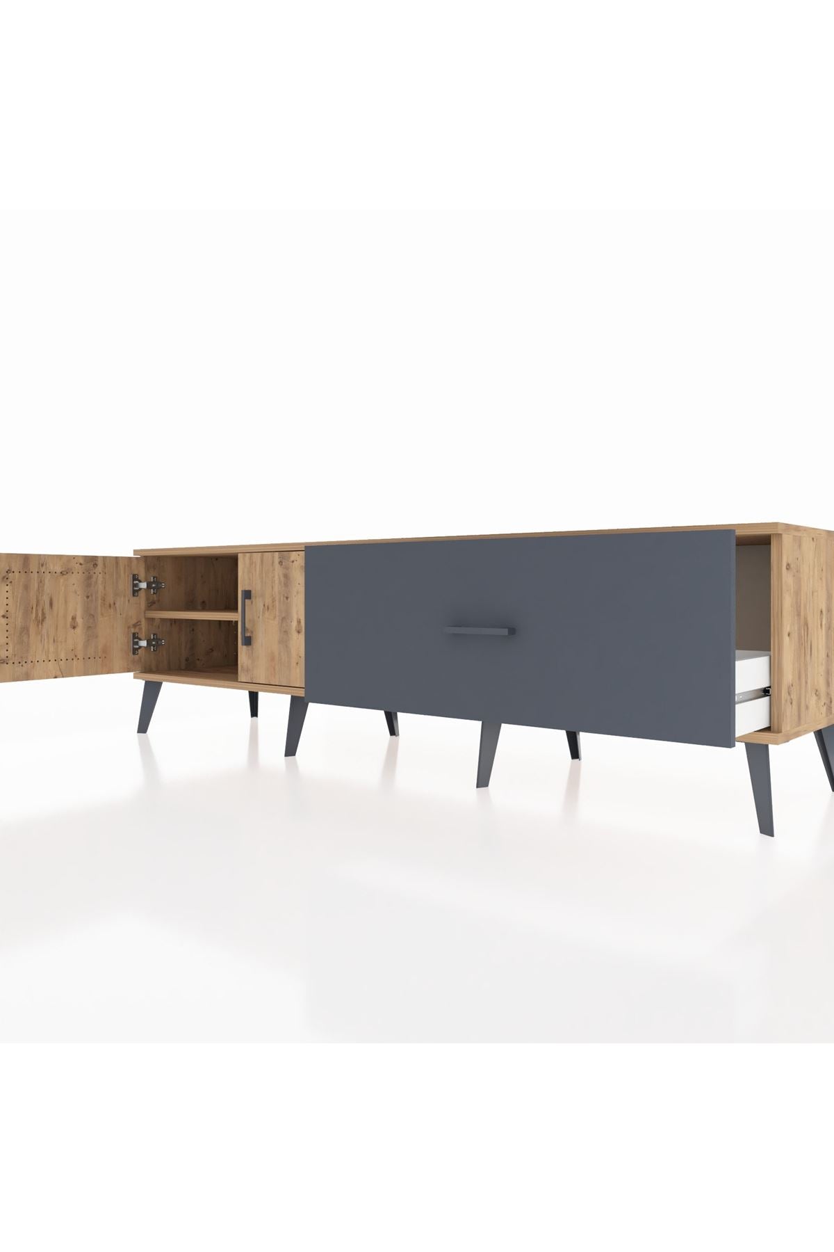 Hyperion TV Ünitesi Tek Raflı Tek Çekmeceli 2 Kapaklı 176x44x51 Çam-Çam/Antrasit