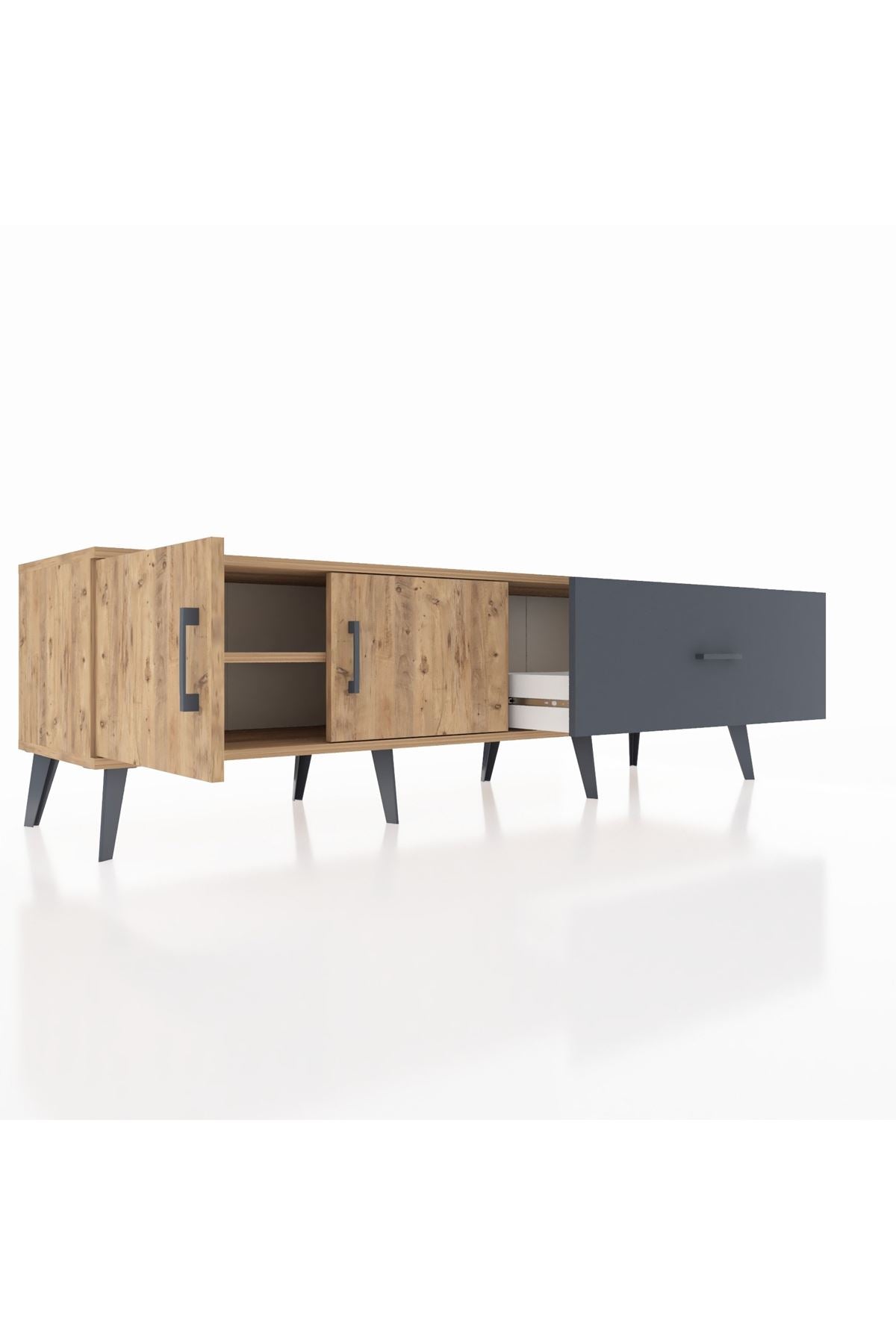 Hyperion TV Ünitesi Tek Raflı Tek Çekmeceli 2 Kapaklı 176x44x51 Çam-Çam/Antrasit