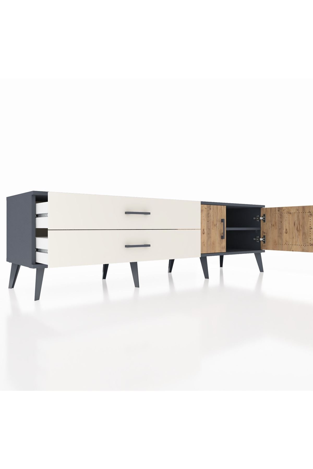 Hyperion TV Ünitesi Tek Raflı 2 Çekmeceli 2 Kapaklı 176x44x51 Antrasit-Çam/Aytaşı