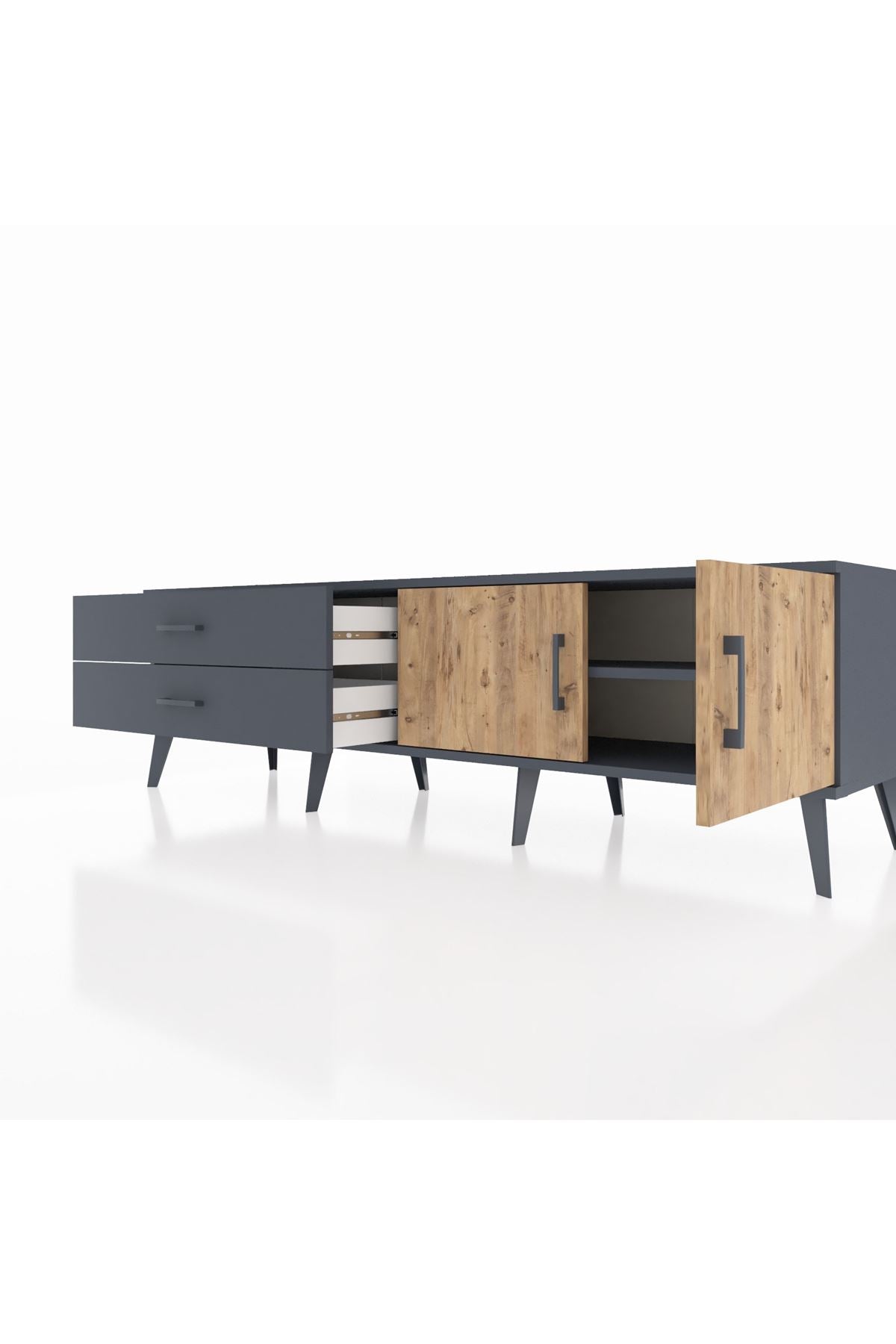 Hyperion TV Ünitesi Tek Raflı 2 Çekmeceli 2 Kapaklı 176x44x51 Antrasit-Çam/Antrasit