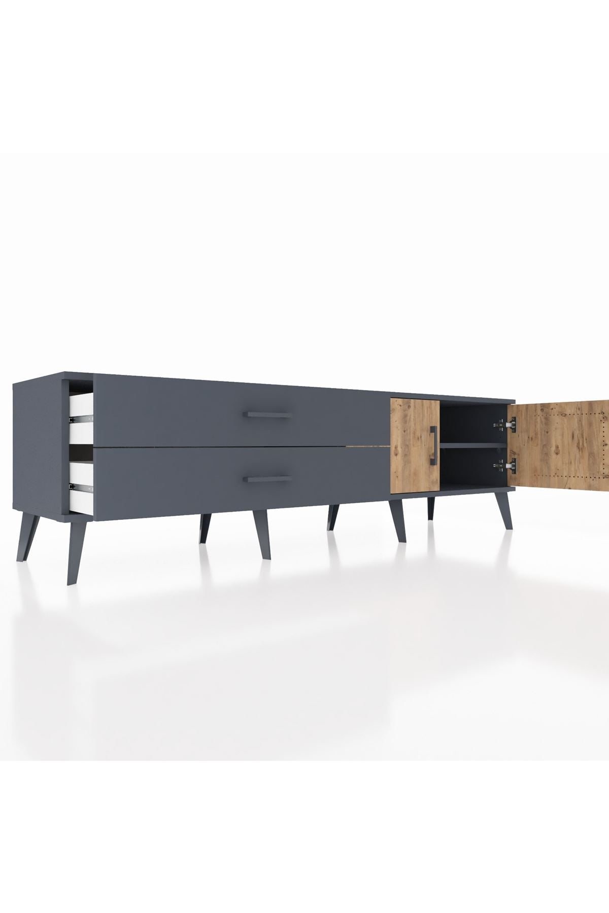 Hyperion TV Ünitesi Tek Raflı 2 Çekmeceli 2 Kapaklı 176x44x51 Antrasit-Çam/Antrasit