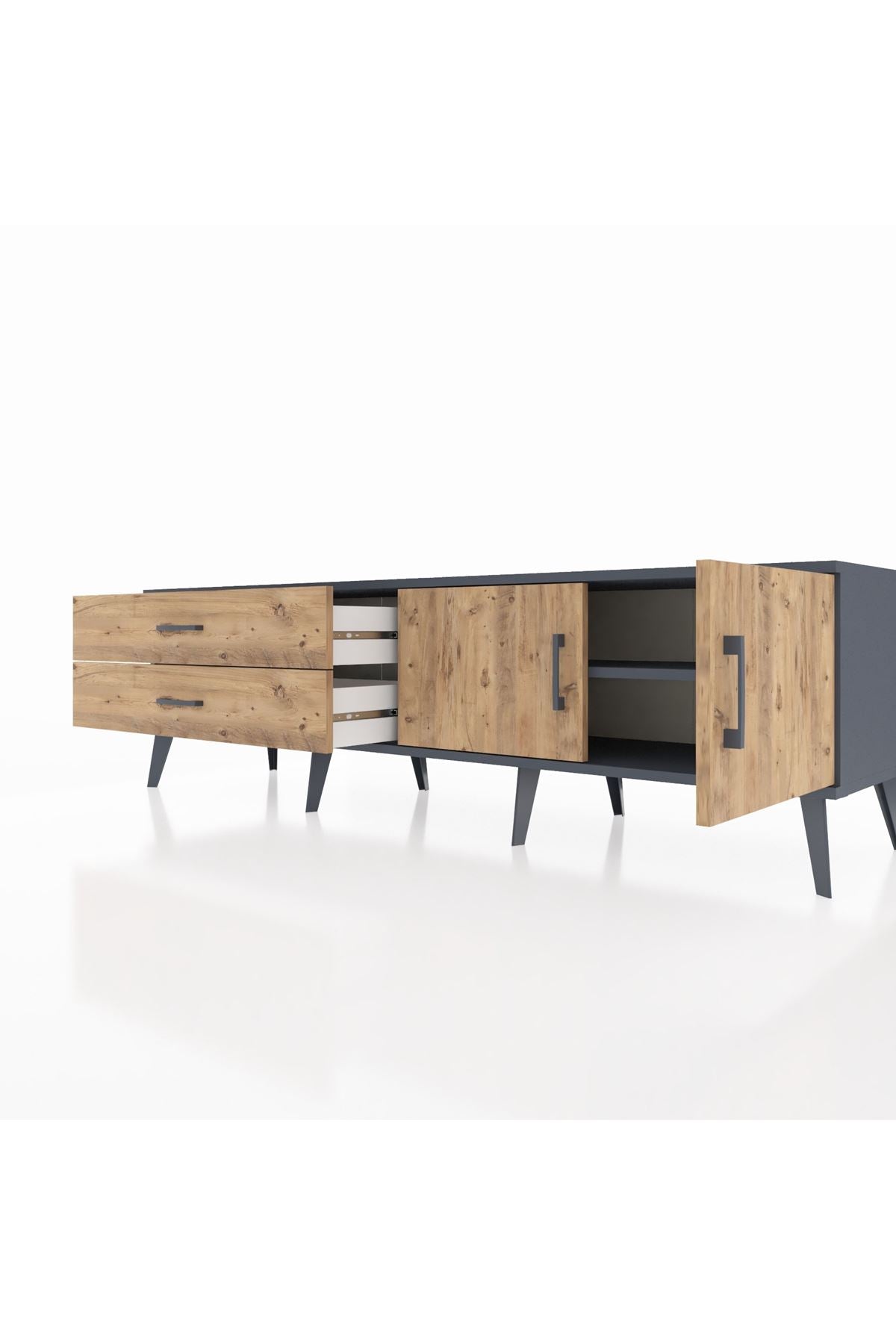 Hyperion TV Ünitesi Tek Raflı 2 Çekmeceli 2 Kapaklı 176x44x51 Antrasit-Çam/Çam