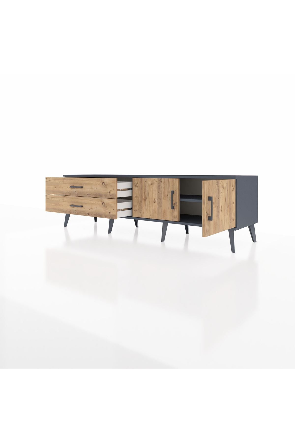 Hyperion TV Ünitesi Tek Raflı 2 Çekmeceli 2 Kapaklı 176x44x51 Antrasit-Çam/Çam