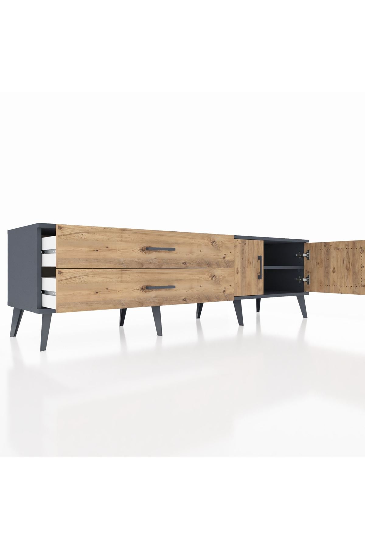 Hyperion TV Ünitesi Tek Raflı 2 Çekmeceli 2 Kapaklı 176x44x51 Antrasit-Çam/Çam