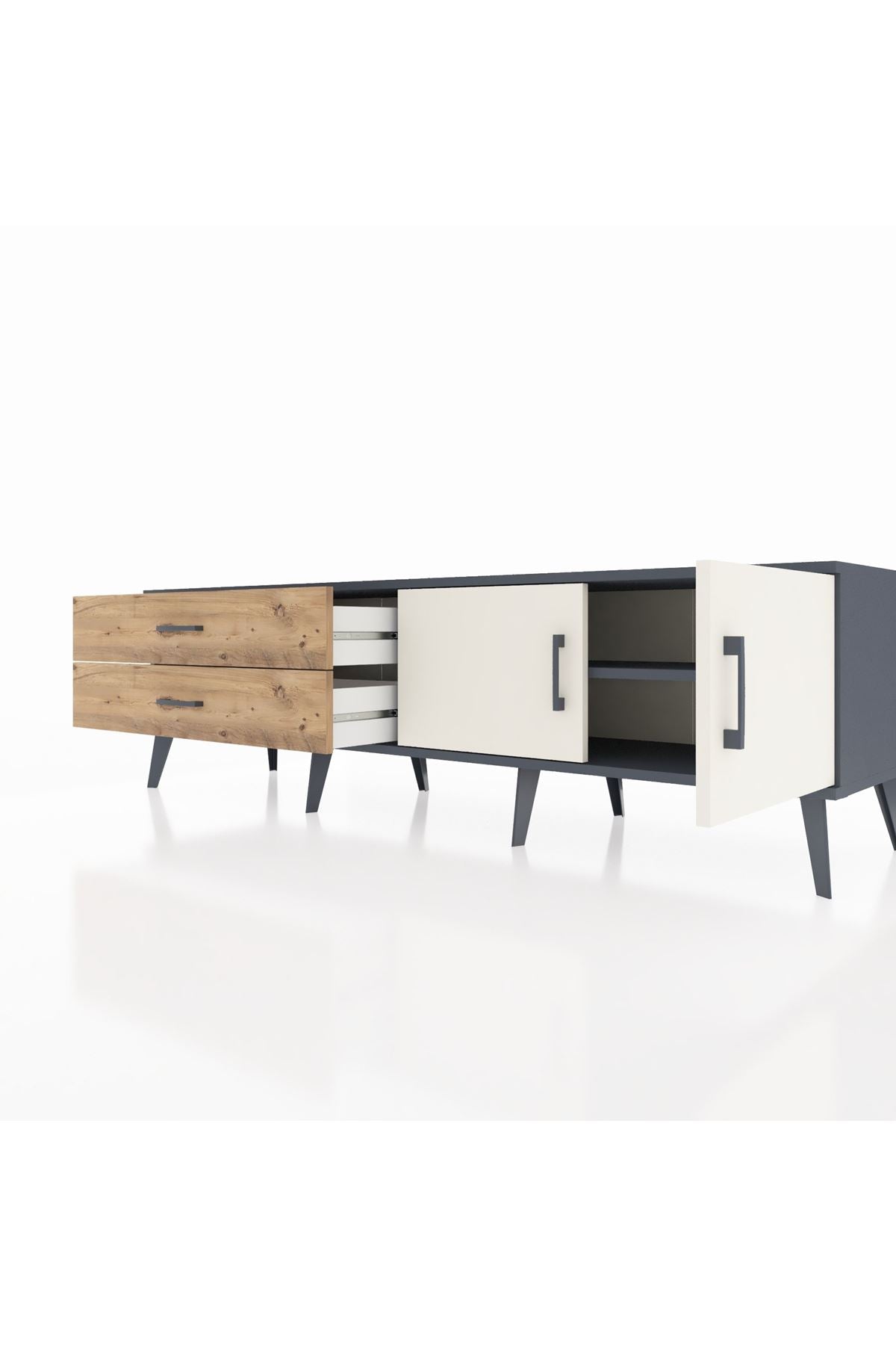 Hyperion TV Ünitesi Tek Raflı 2 Çekmeceli 2 Kapaklı 176x44x51 Antrasit-Aytaşı/Çam