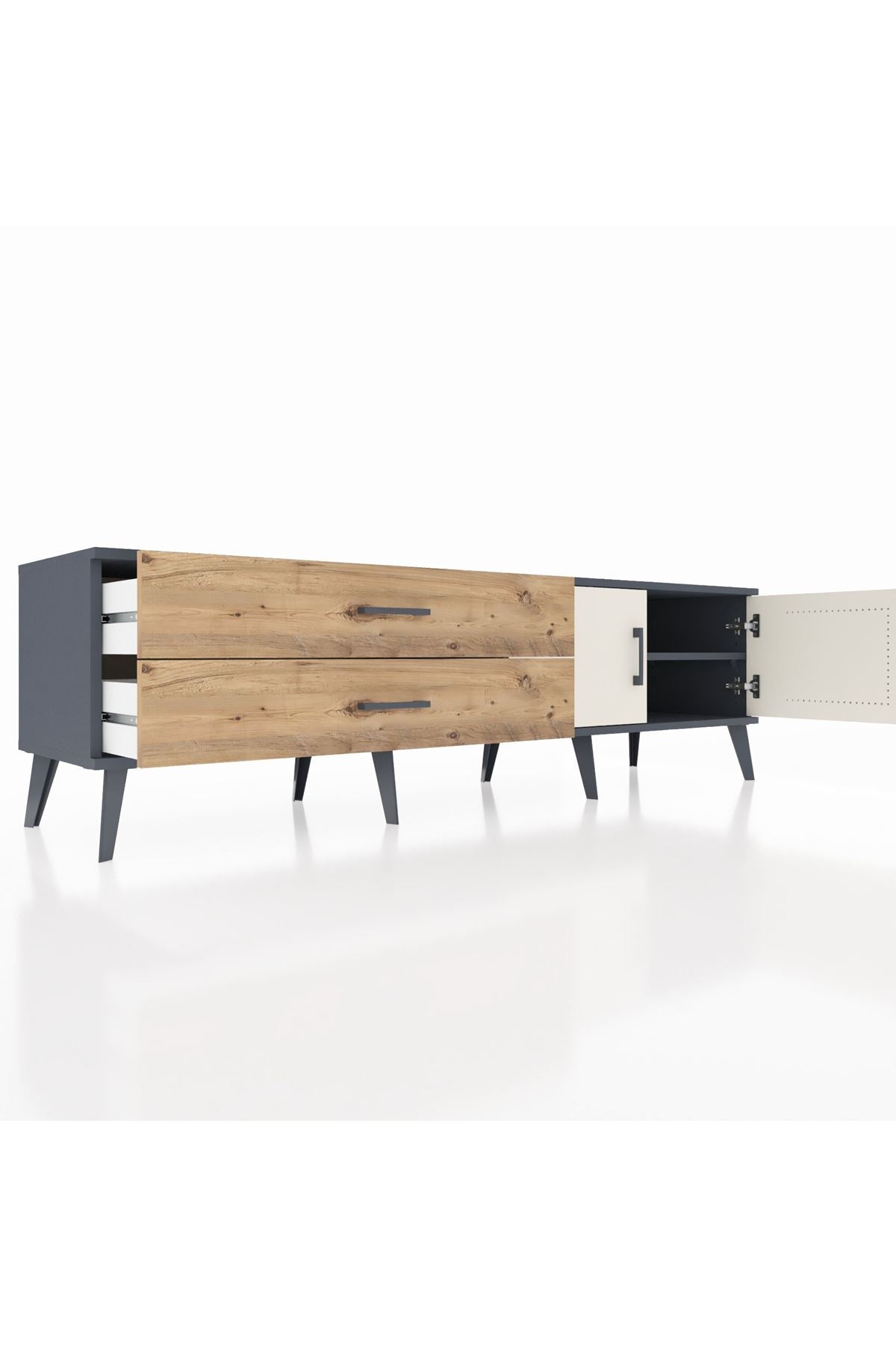 Hyperion TV Ünitesi Tek Raflı 2 Çekmeceli 2 Kapaklı 176x44x51 Antrasit-Aytaşı/Çam