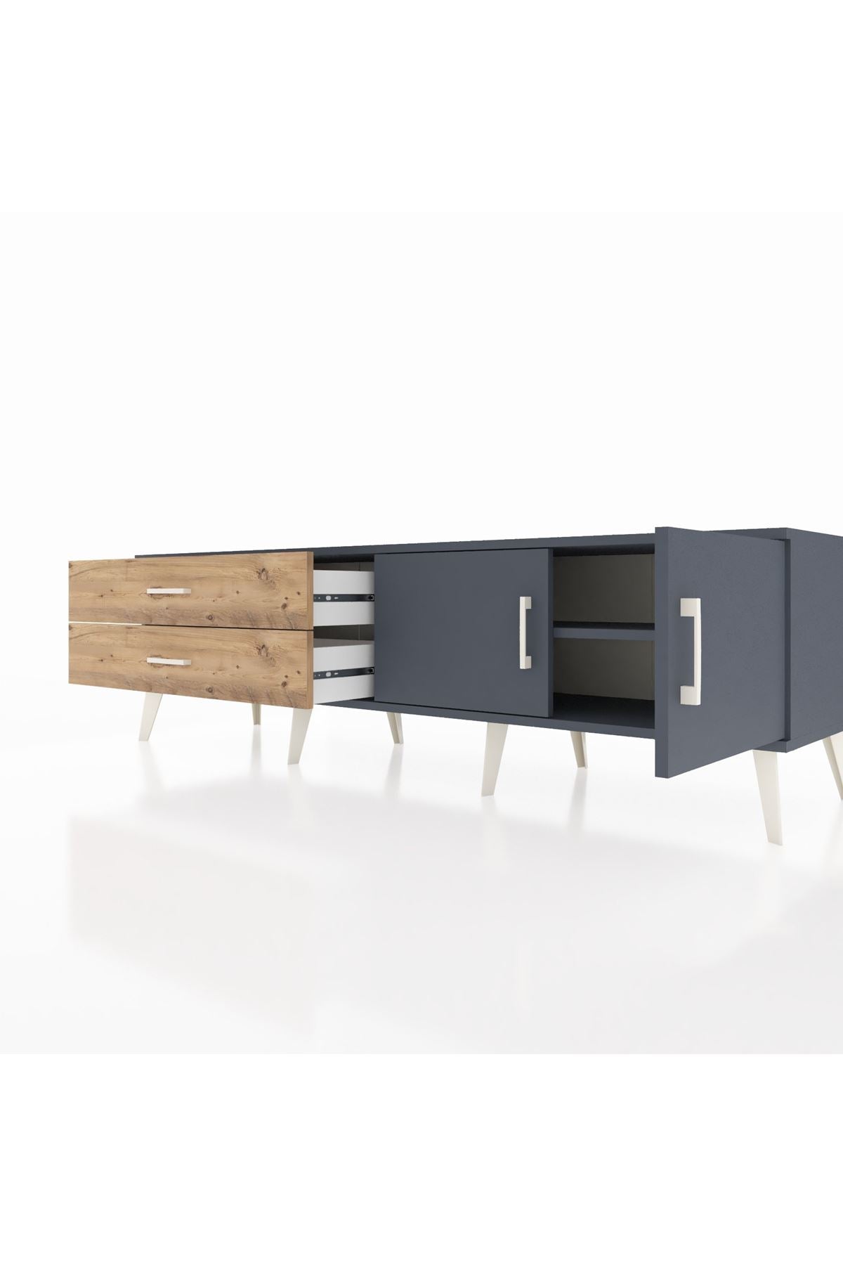 Hyperion TV Ünitesi Tek Raflı 2 Çekmeceli 2 Kapaklı 176x44x51 Antrasit-Antrasit/Çam