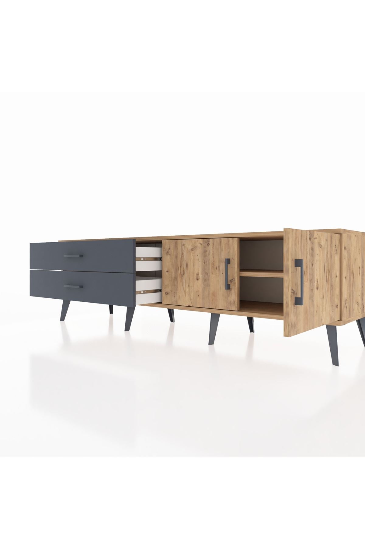 Hyperion TV Ünitesi Tek Raflı 2 Çekmeceli 2 Kapaklı 176x44x51 Çam-Çam/Antrasit