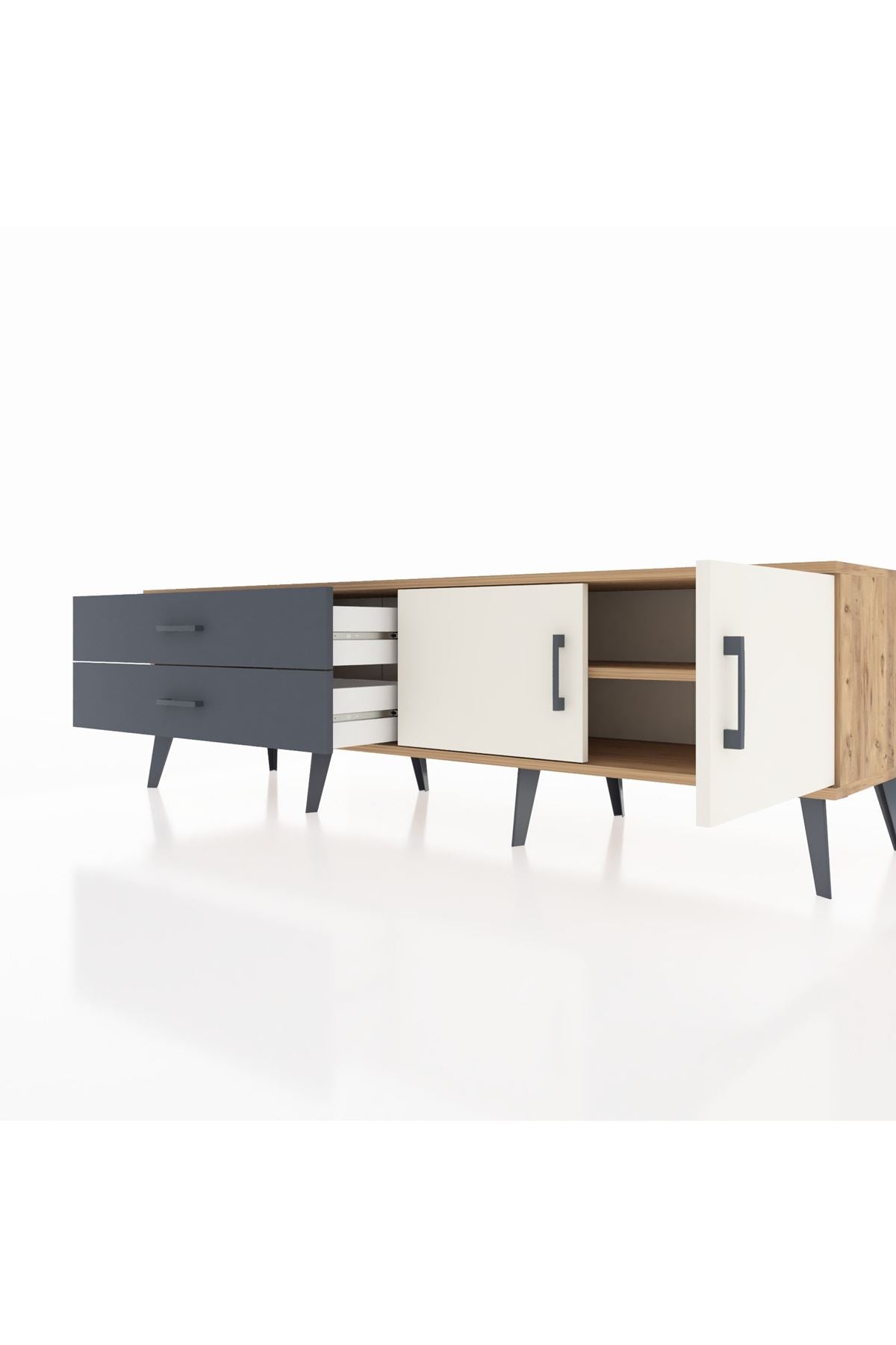 Hyperion TV Ünitesi Tek Raflı 2 Çekmeceli 2 Kapaklı 176x44x51 Çam-Aytaşı/Antrasit