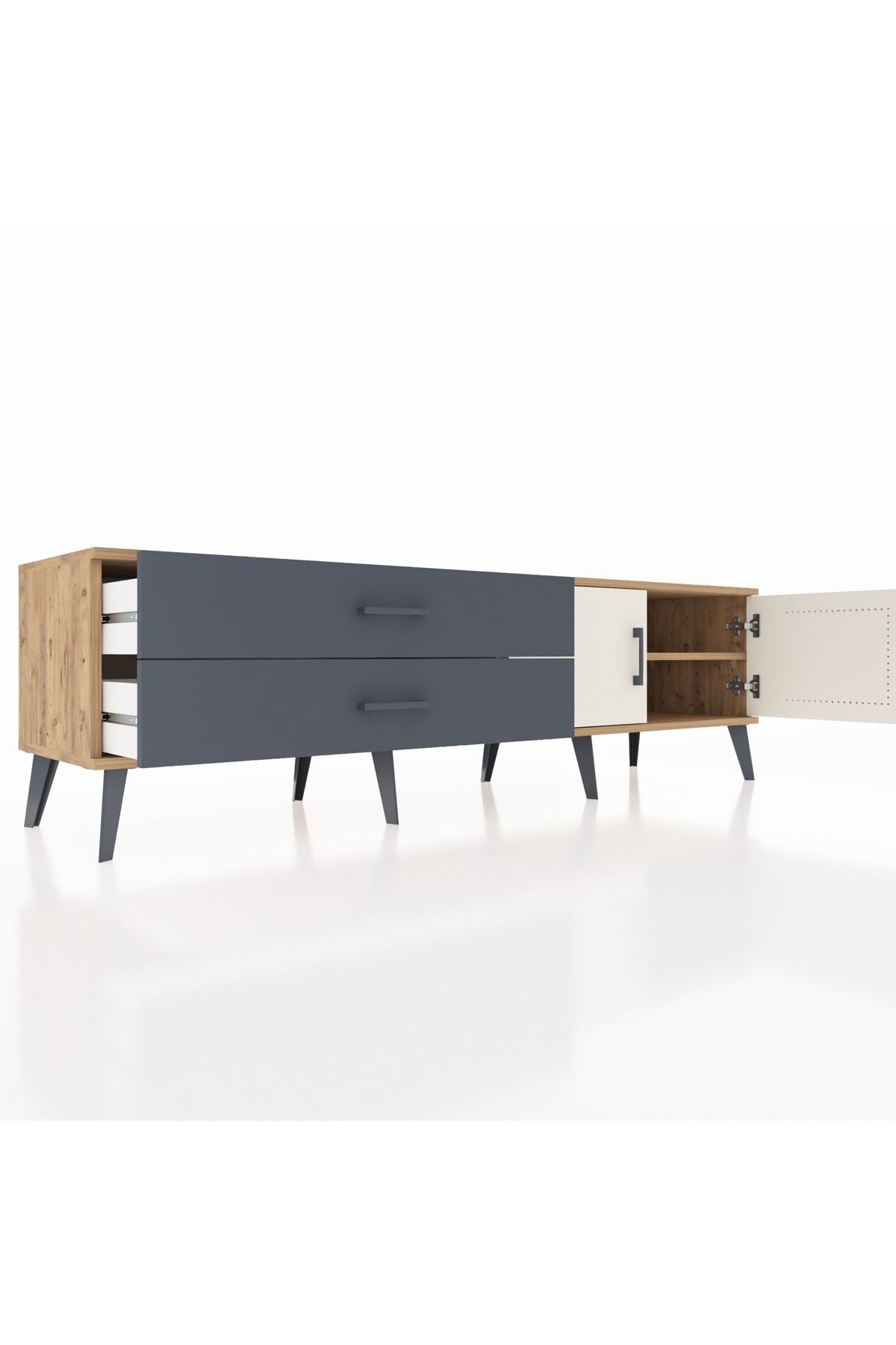 Hyperion TV Ünitesi Tek Raflı 2 Çekmeceli 2 Kapaklı 176x44x51 Çam-Aytaşı/Antrasit