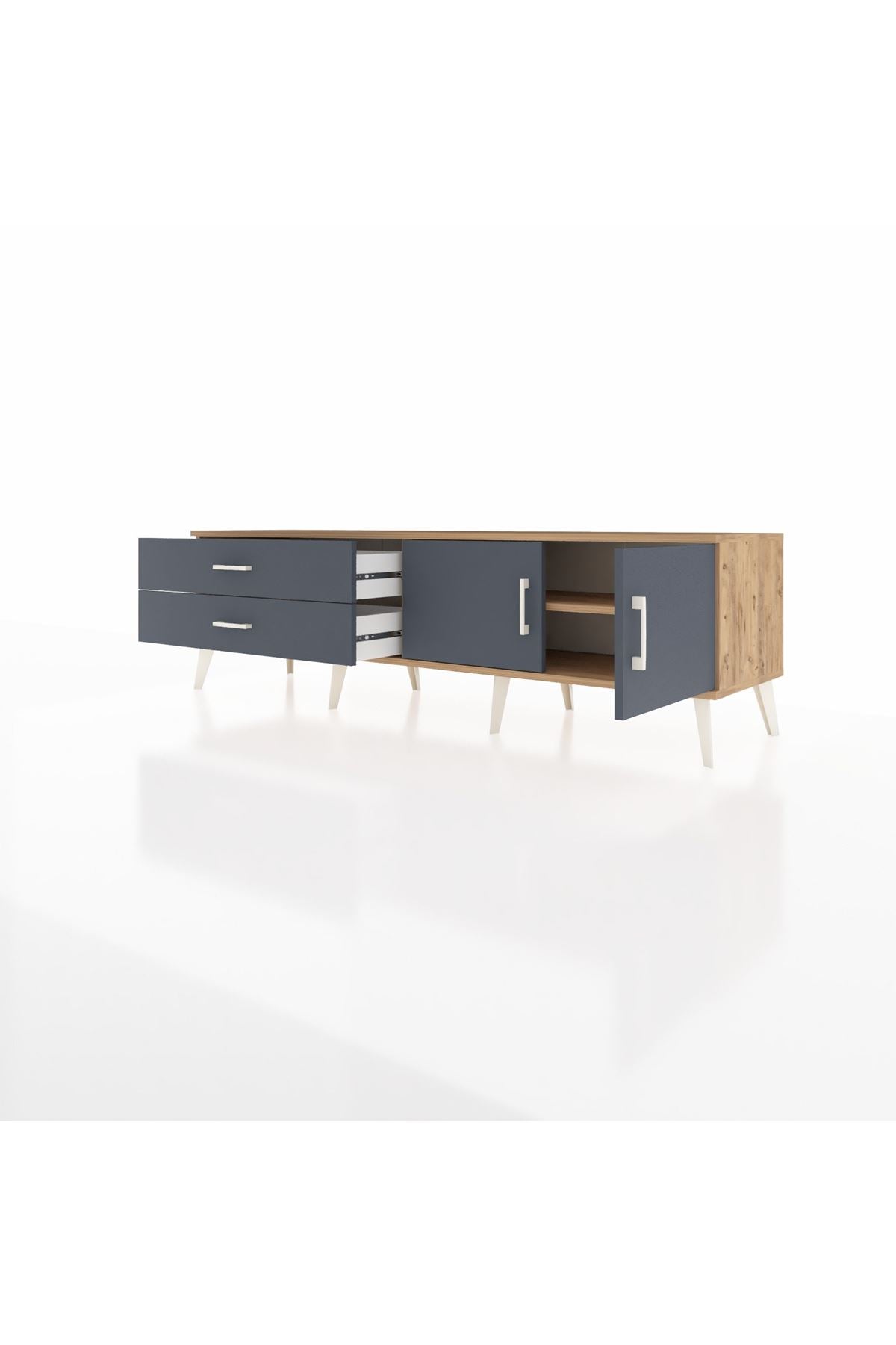 Hyperion TV Ünitesi Tek Raflı 2 Çekmeceli 2 Kapaklı 176x44x51 Çam-Antrasit/Antrasit