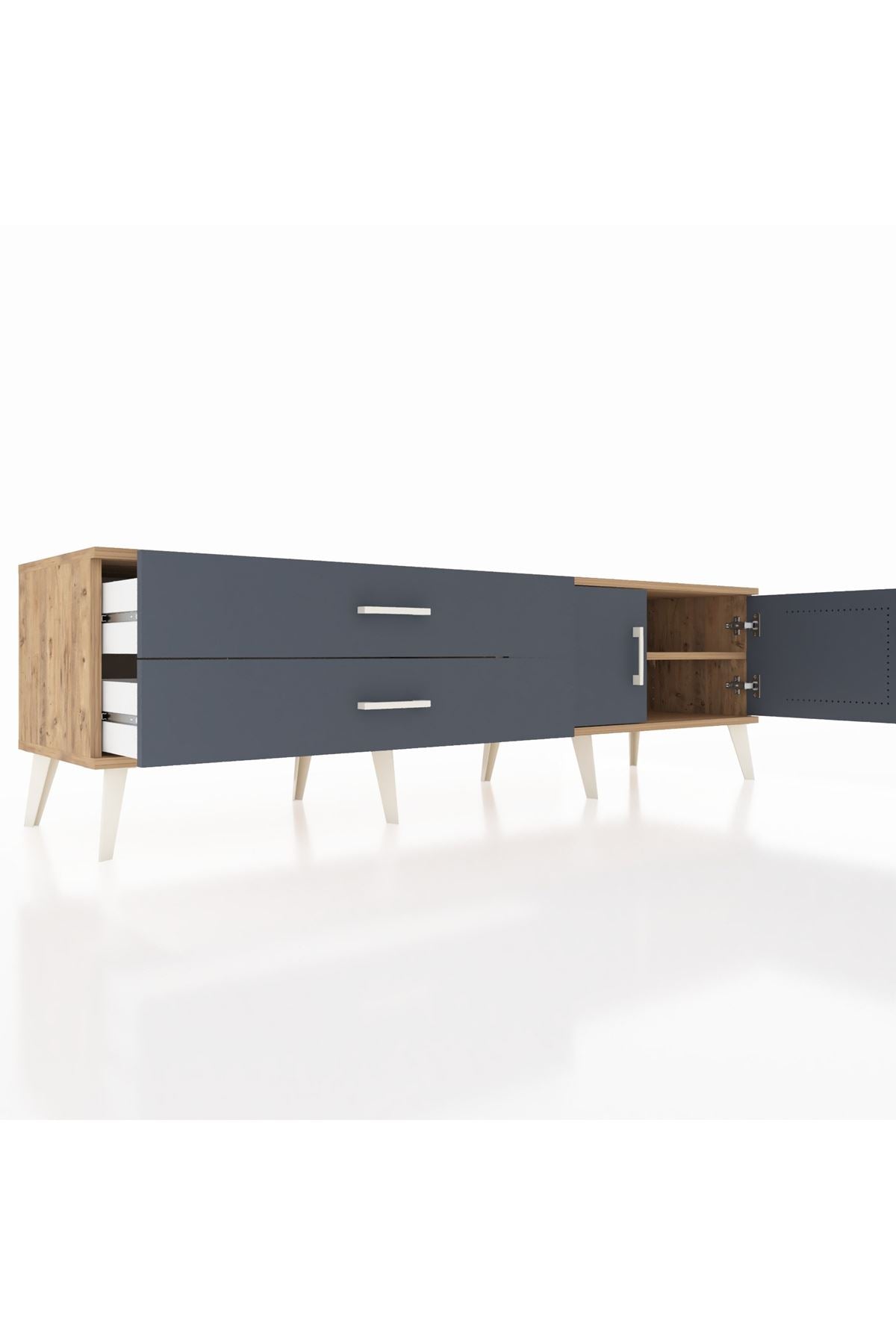 Hyperion TV Ünitesi Tek Raflı 2 Çekmeceli 2 Kapaklı 176x44x51 Çam-Antrasit/Antrasit