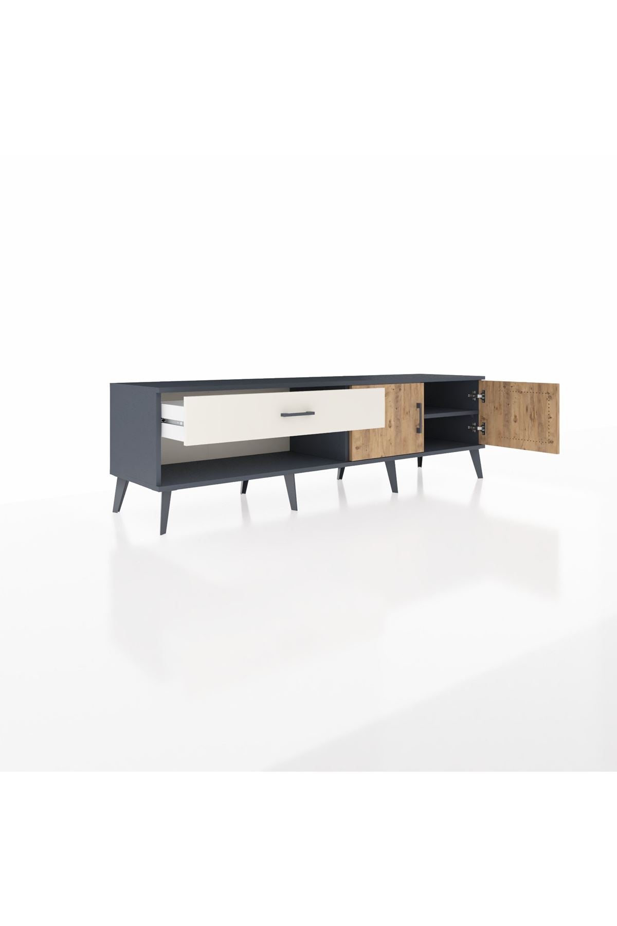 Hyperion TV Ünitesi Tek Raflı Tek Çekmeceli 2 Kapaklı 176x44x51 Antrasit-Çam/Aytaşı