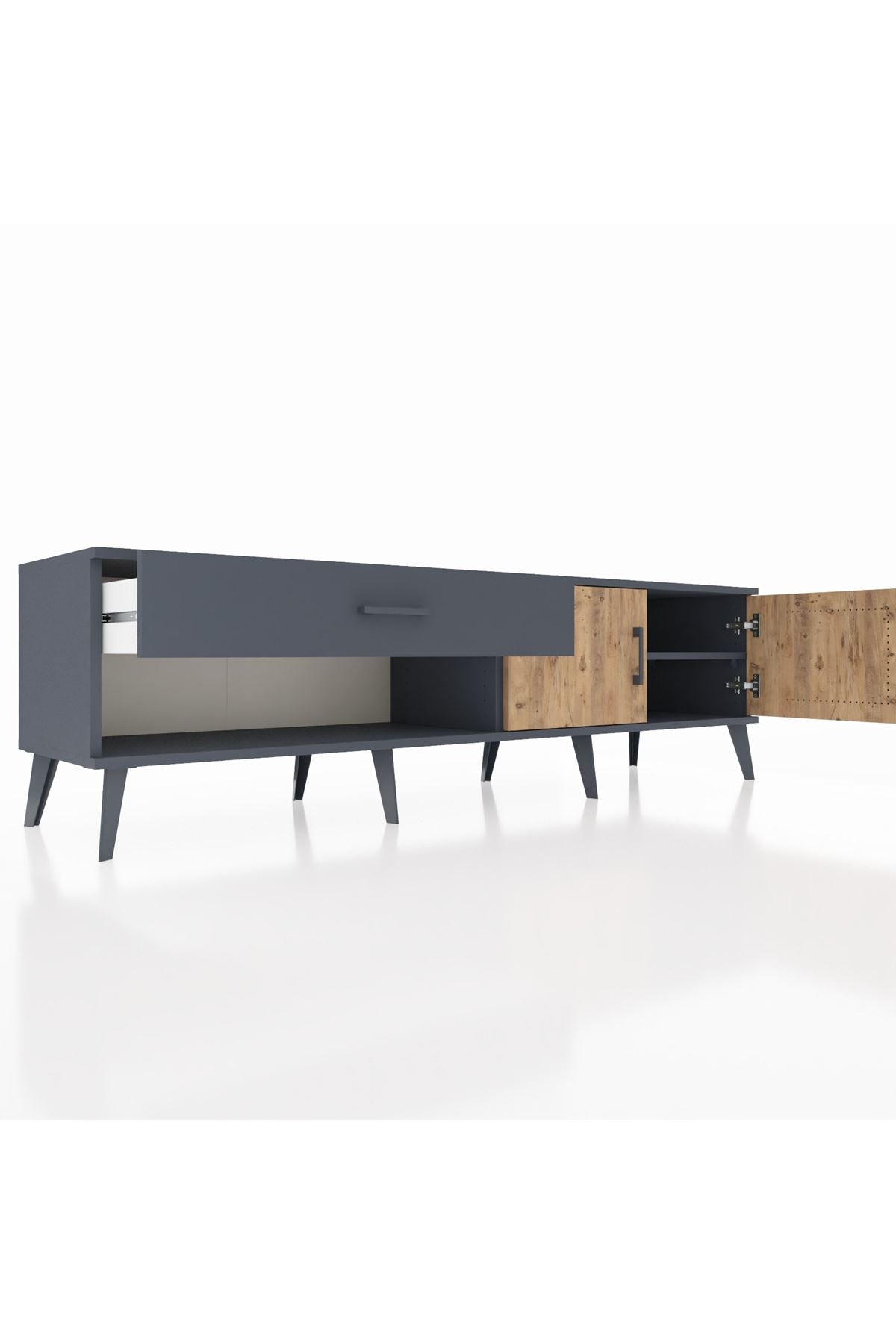 Hyperion TV Ünitesi Tek Raflı Tek Çekmeceli 2 Kapaklı 176x44x51 Antrasit-Çam/Antrasit