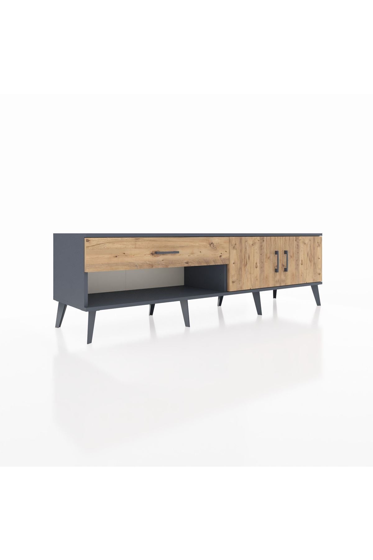 Hyperion TV Ünitesi Tek Raflı Tek Çekmeceli 2 Kapaklı 176x44x51 Antrasit-Çam/Çam