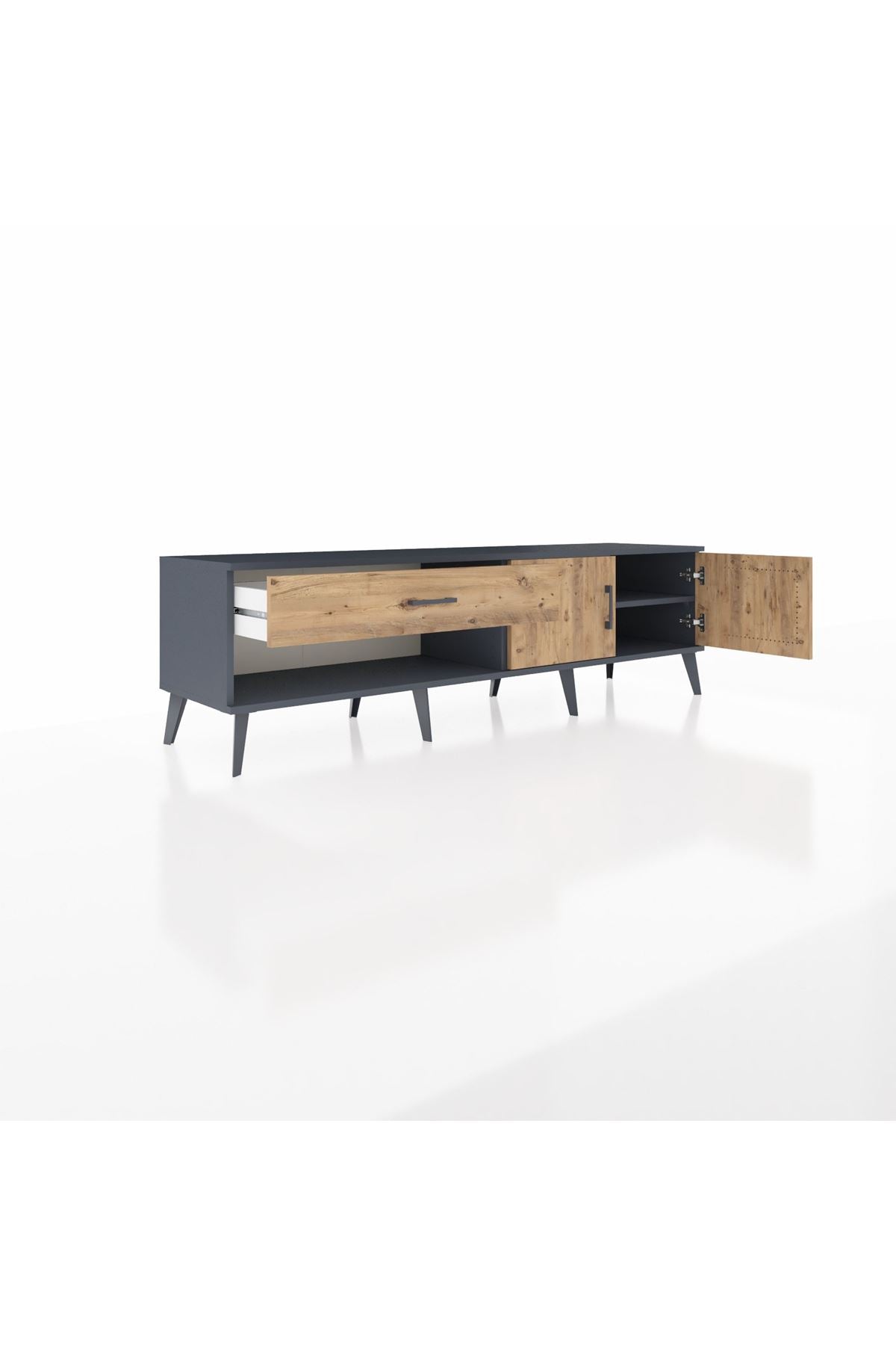 Hyperion TV Ünitesi Tek Raflı Tek Çekmeceli 2 Kapaklı 176x44x51 Antrasit-Çam/Çam