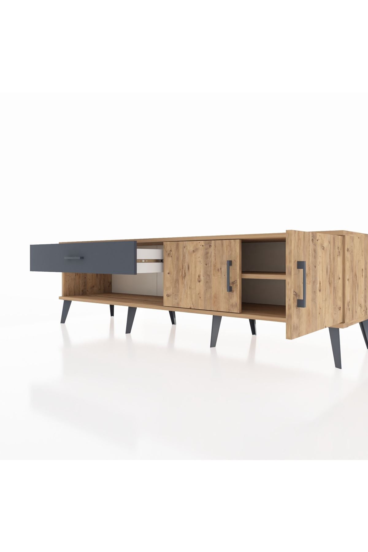 Hyperion TV Ünitesi Tek Raflı Tek Çekmeceli 2 Kapaklı 176x44x51 Çam-Çam/Antrasit