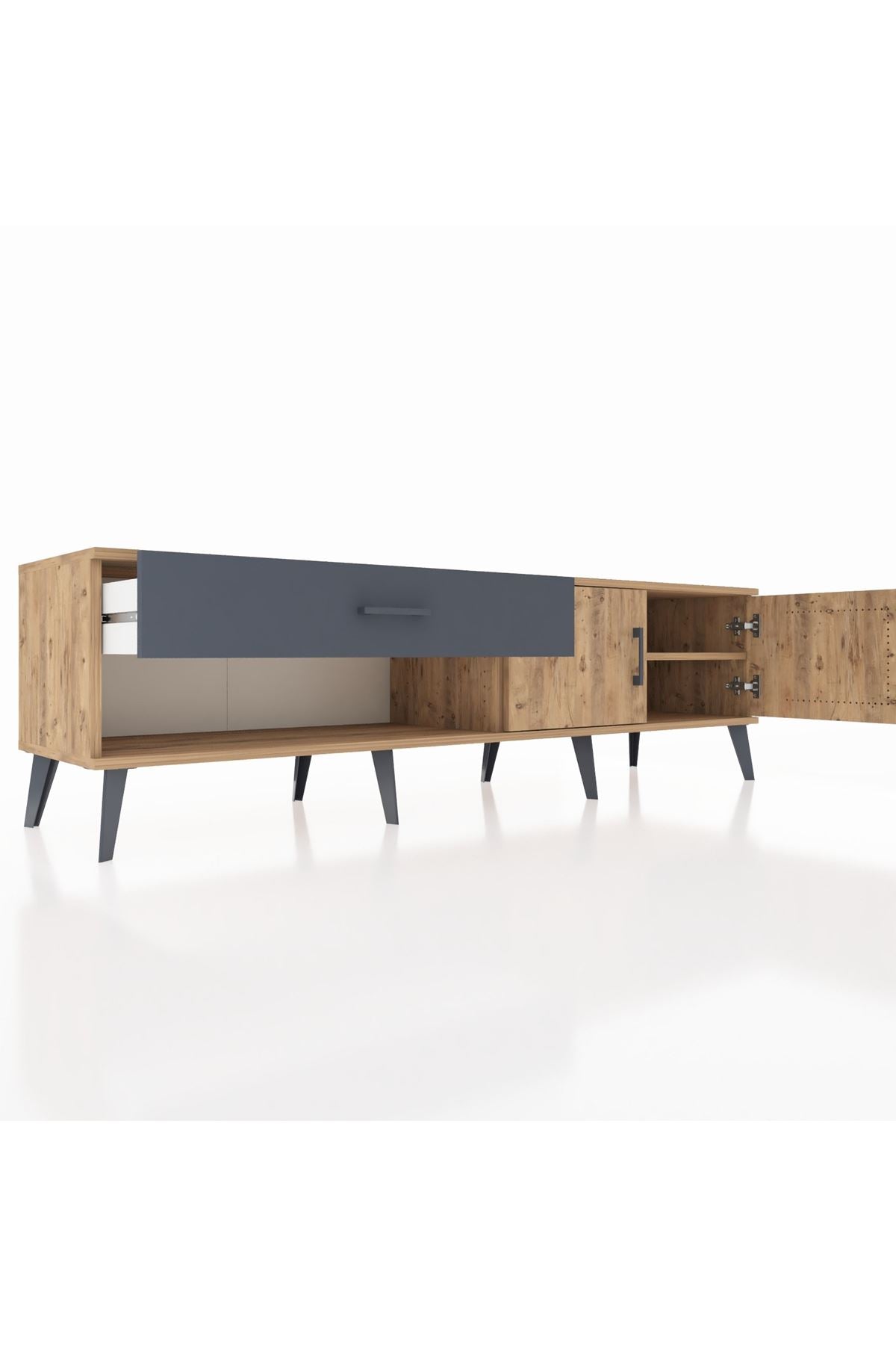 Hyperion TV Ünitesi Tek Raflı Tek Çekmeceli 2 Kapaklı 176x44x51 Çam-Çam/Antrasit