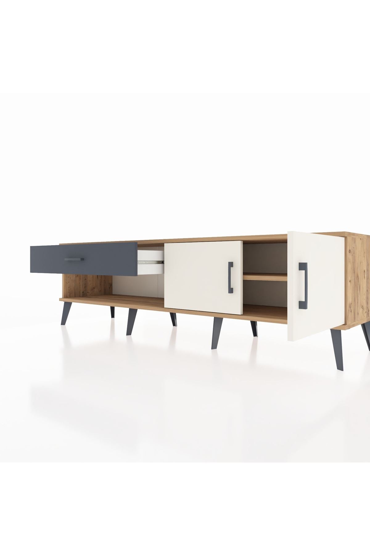 Hyperion TV Ünitesi Tek Raflı Tek Çekmeceli 2 Kapaklı 176x44x51 Çam-Aytaşı/Antrasit