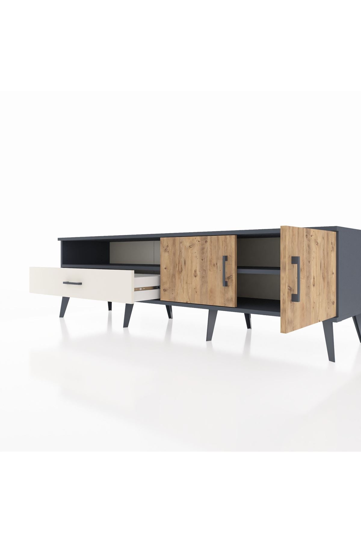 Hyperion TV Ünitesi 2 Raflı Tek Çekmeceli 2 Kapaklı 176x44x51 Antrasit-Çam/Aytaşı