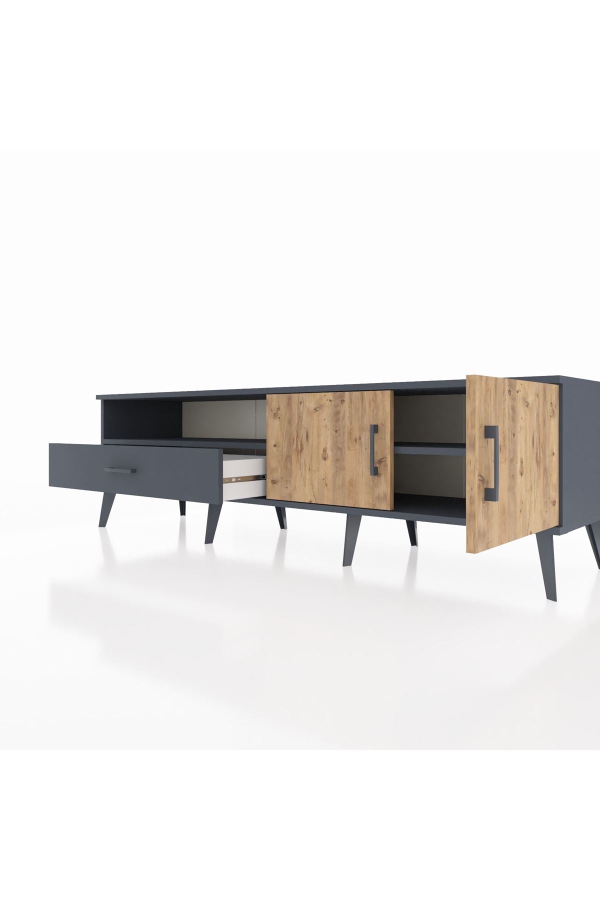 Hyperion TV Ünitesi 2 Raflı Tek Çekmeceli 2 Kapaklı 176x44x51 Antrasit-Çam/Antrasit