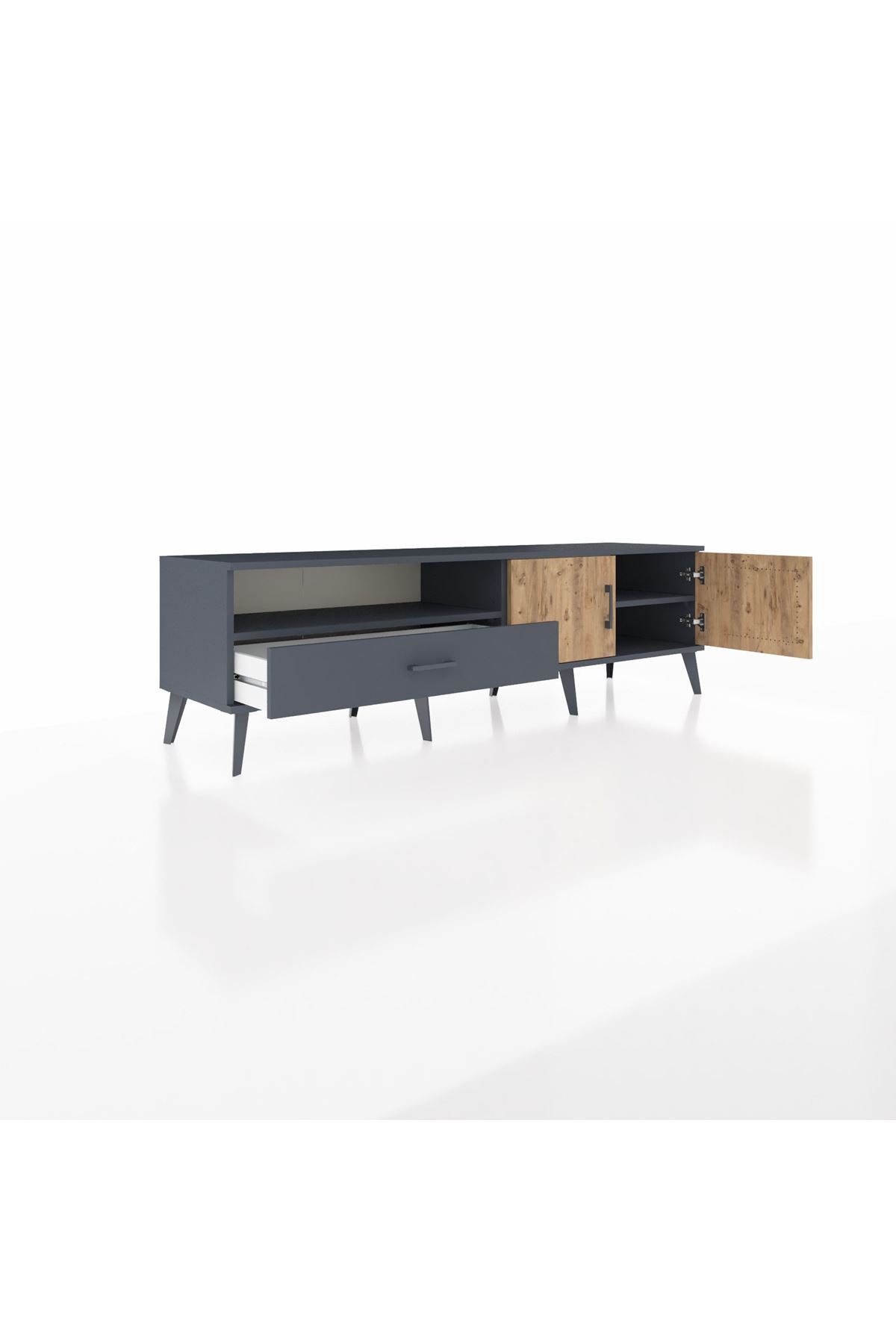 Hyperion TV Ünitesi 2 Raflı Tek Çekmeceli 2 Kapaklı 176x44x51 Antrasit-Çam/Antrasit