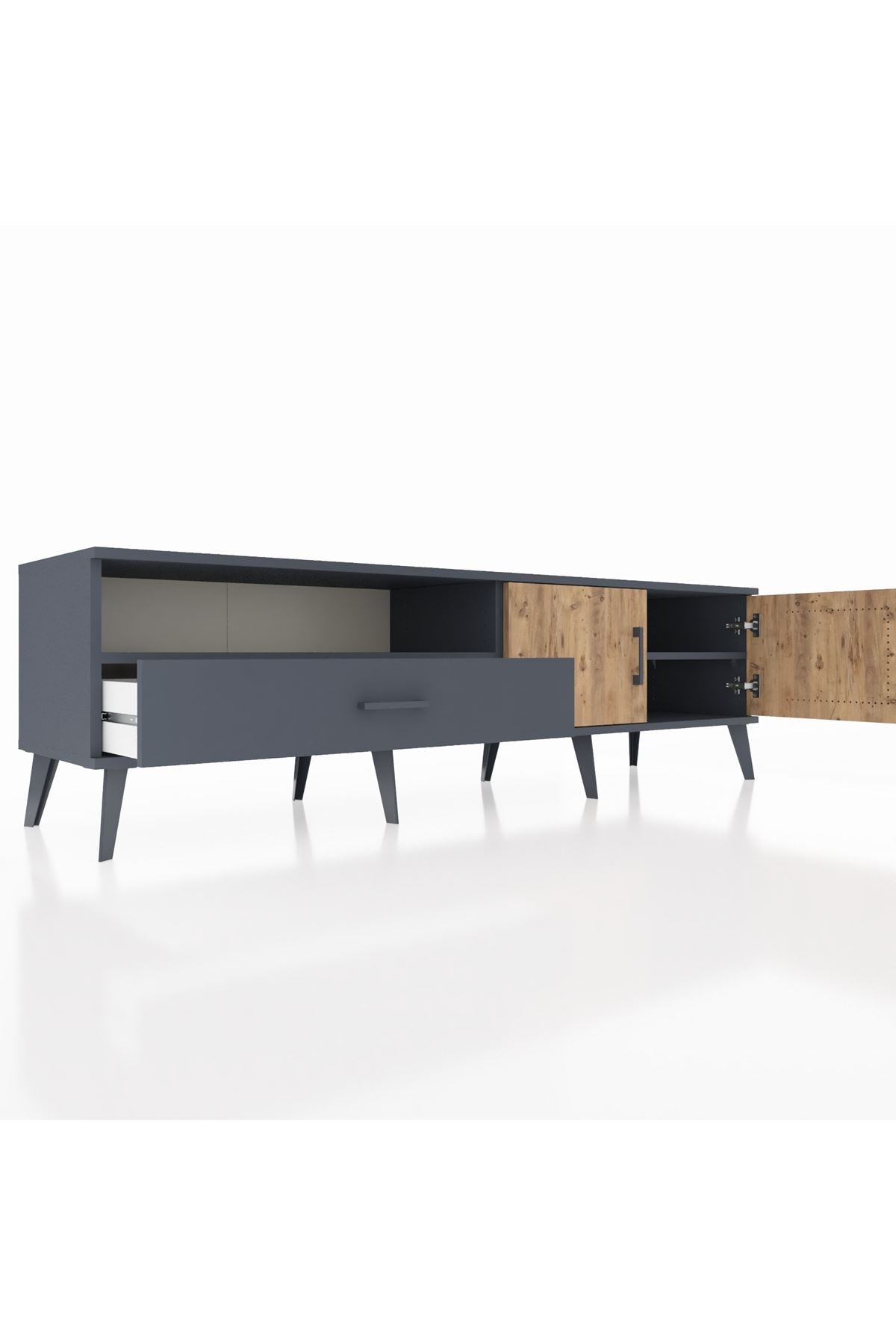 Hyperion TV Ünitesi 2 Raflı Tek Çekmeceli 2 Kapaklı 176x44x51 Antrasit-Çam/Antrasit