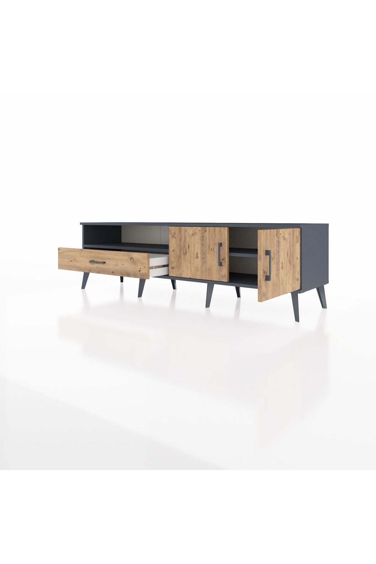 Hyperion TV Ünitesi 2 Raflı Tek Çekmeceli 2 Kapaklı 176x44x51 Antrasit-Çam/Çam