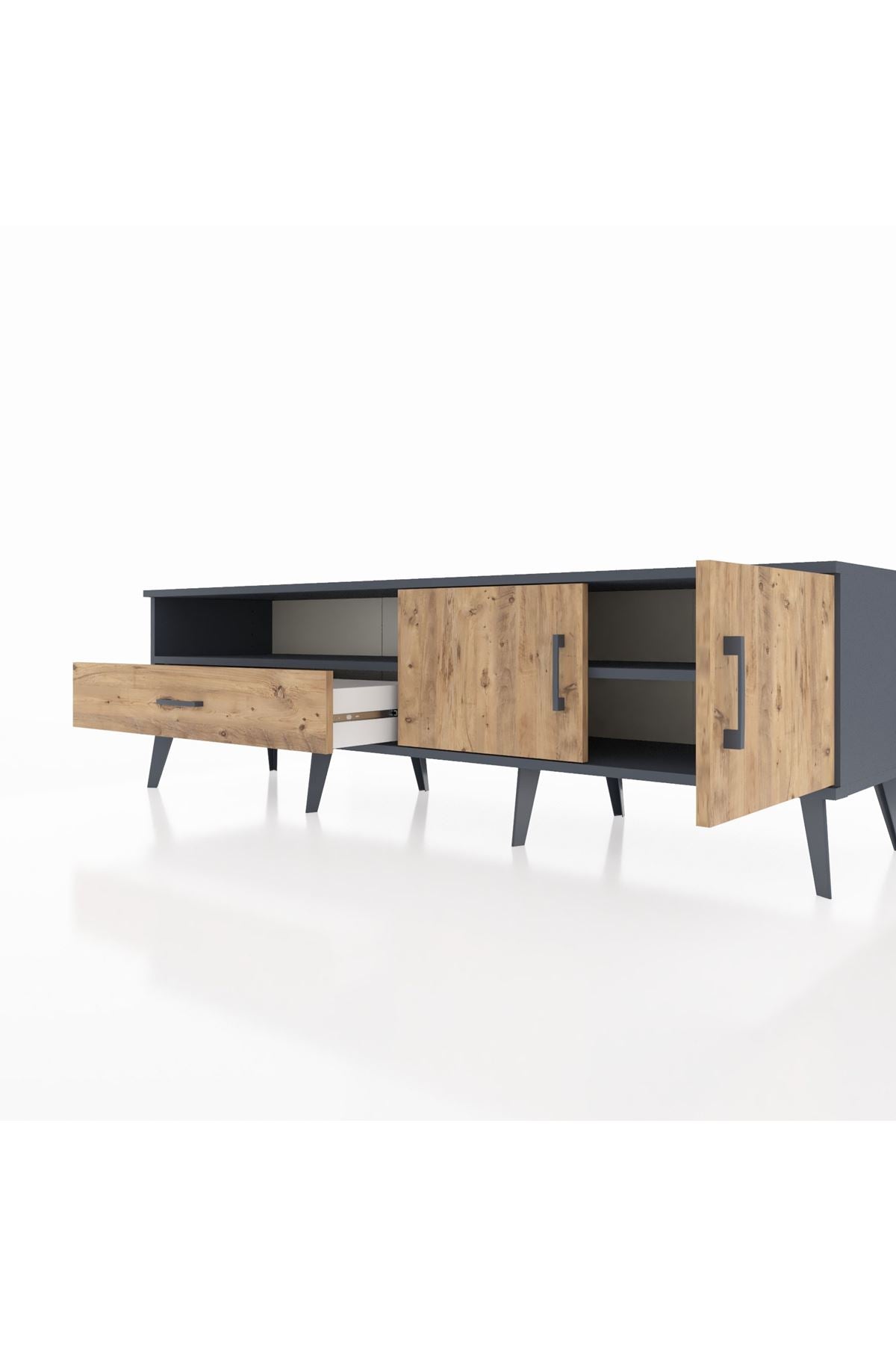 Hyperion TV Ünitesi 2 Raflı Tek Çekmeceli 2 Kapaklı 176x44x51 Antrasit-Çam/Çam