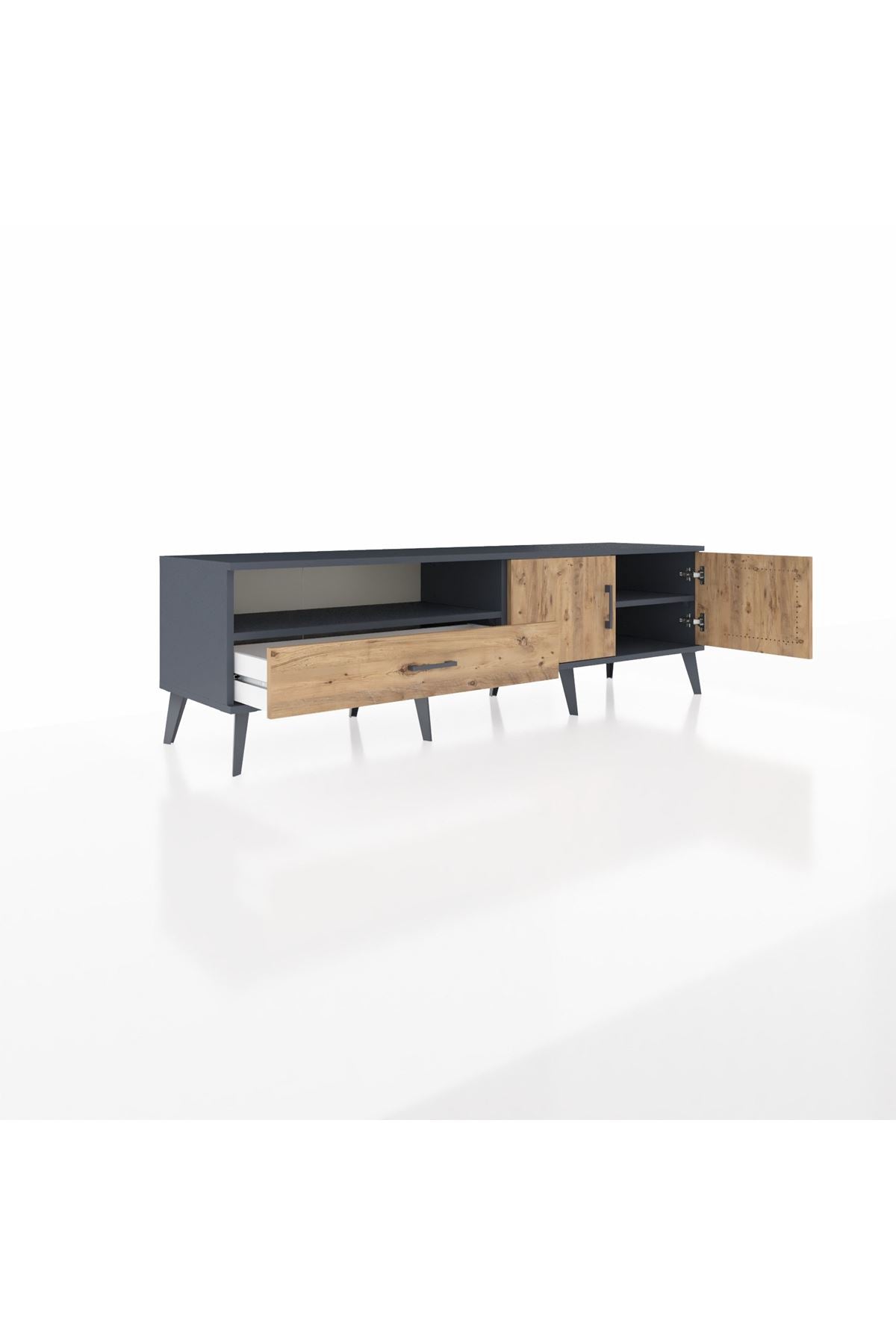 Hyperion TV Ünitesi 2 Raflı Tek Çekmeceli 2 Kapaklı 176x44x51 Antrasit-Çam/Çam