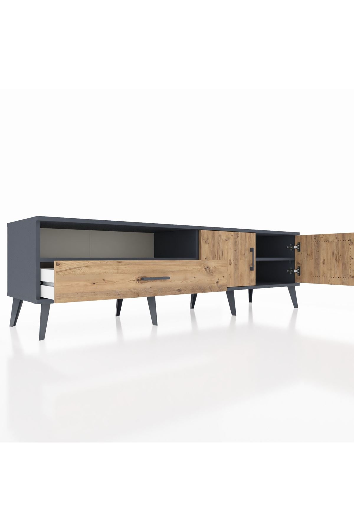 Hyperion TV Ünitesi 2 Raflı Tek Çekmeceli 2 Kapaklı 176x44x51 Antrasit-Çam/Çam