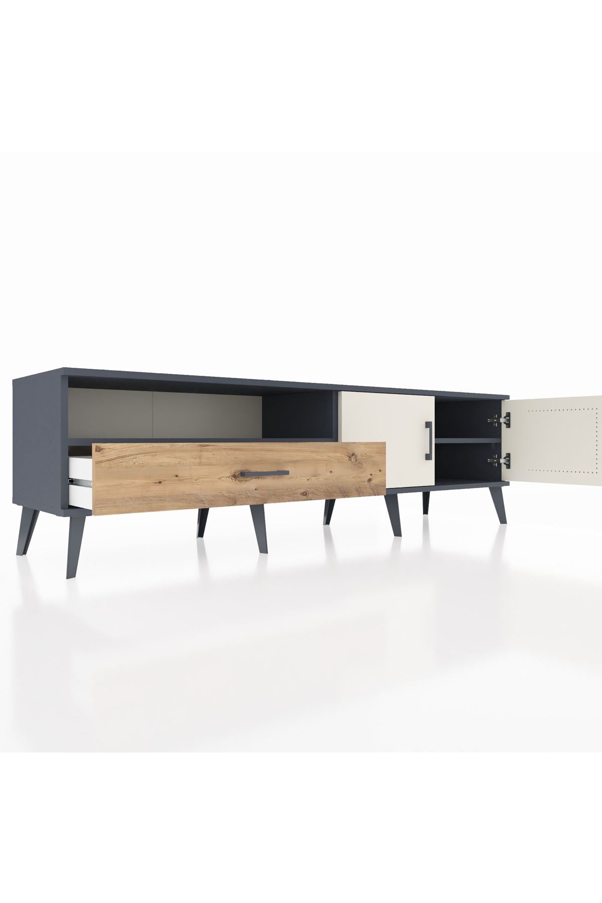 Hyperion TV Ünitesi 2 Raflı Tek Çekmeceli 2 Kapaklı 176x44x51 Antrasit-Aytaşı/Çam