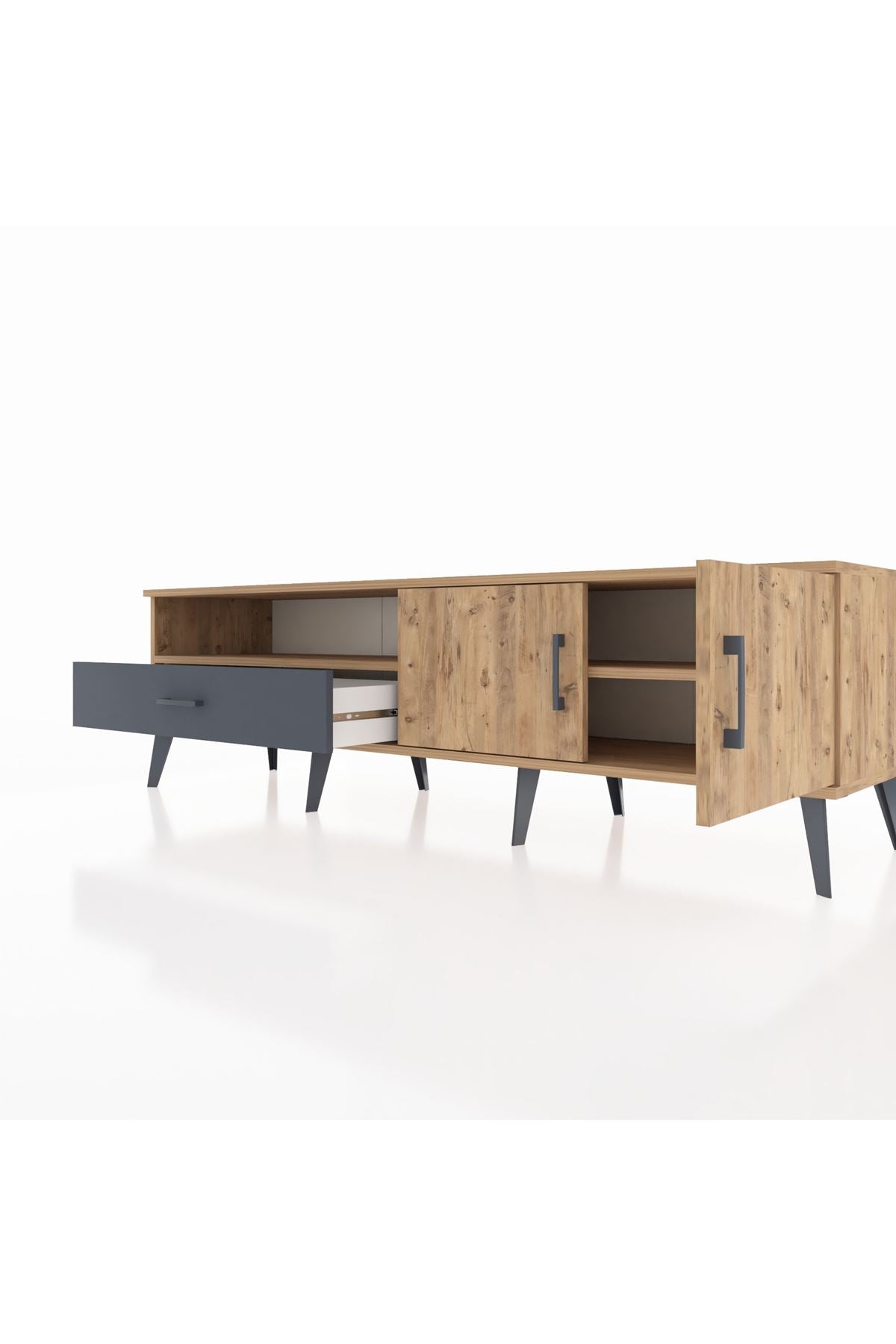 Hyperion TV Ünitesi 2 Raflı Tek Çekmeceli 2 Kapaklı 176x44x51 Çam-Çam/Antrasit