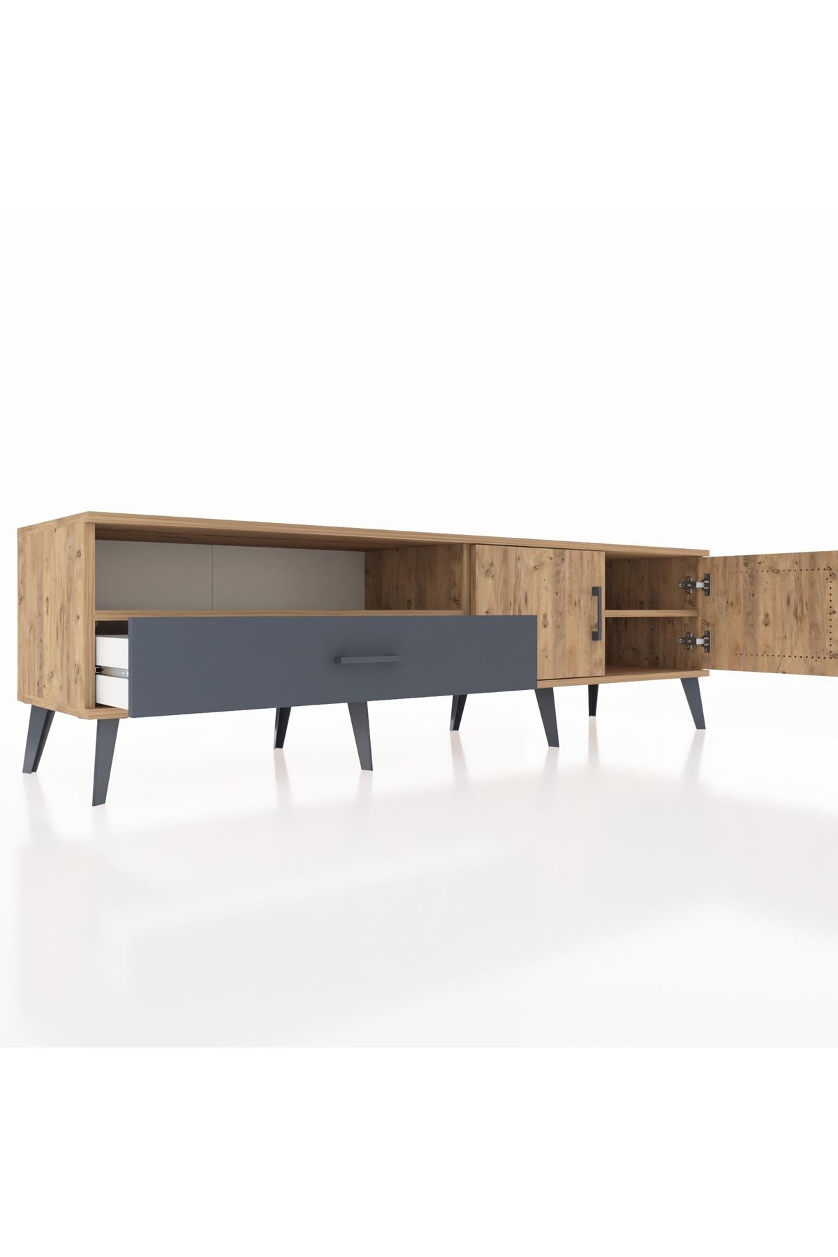 Hyperion TV Ünitesi 2 Raflı Tek Çekmeceli 2 Kapaklı 176x44x51 Çam-Çam/Antrasit