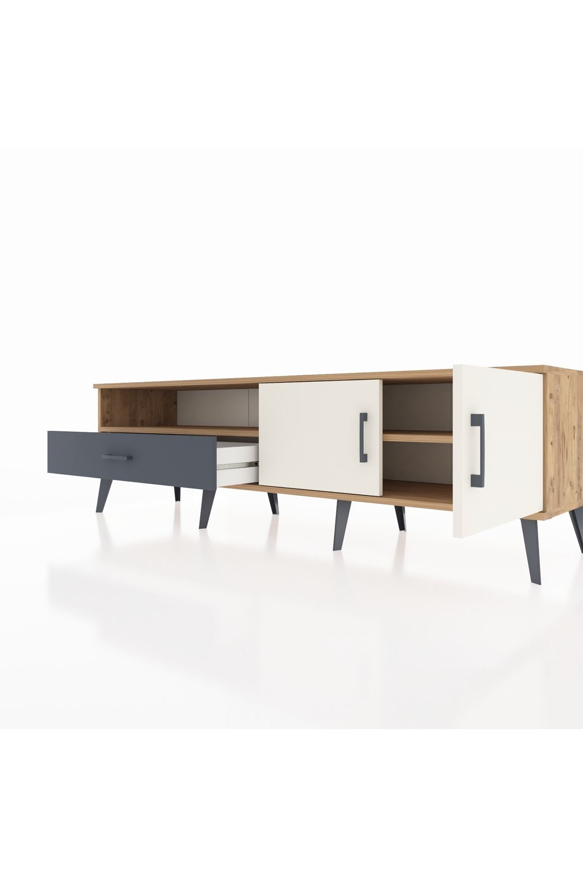 Hyperion TV Ünitesi 2 Raflı Tek Çekmeceli 2 Kapaklı 176x44x51 Çam-Aytaşı/Antrasit