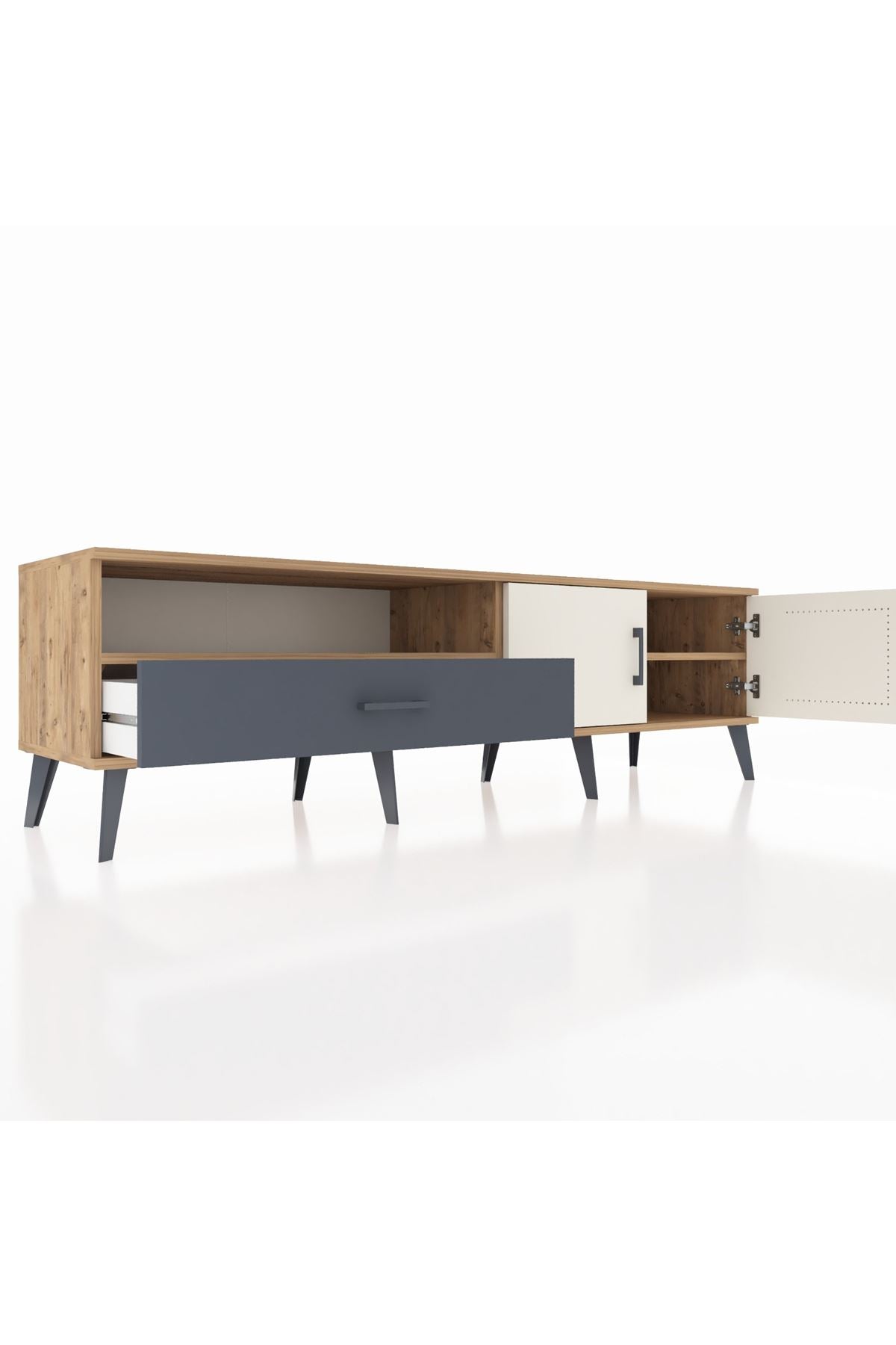 Hyperion TV Ünitesi 2 Raflı Tek Çekmeceli 2 Kapaklı 176x44x51 Çam-Aytaşı/Antrasit