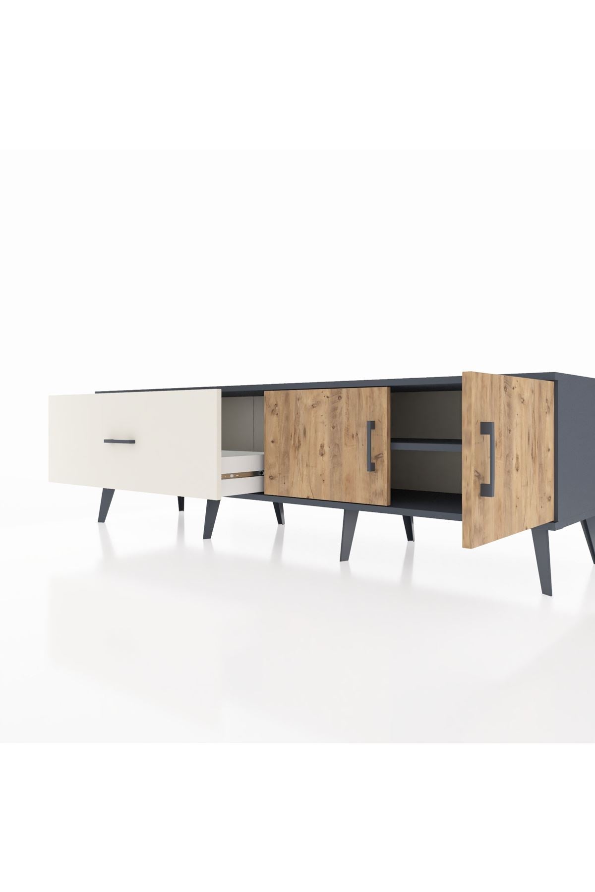 Hyperion TV Ünitesi Tek Raflı Tek Çekmeceli 2 Kapaklı 176x44x51 Antrasit-Çam/Aytaşı