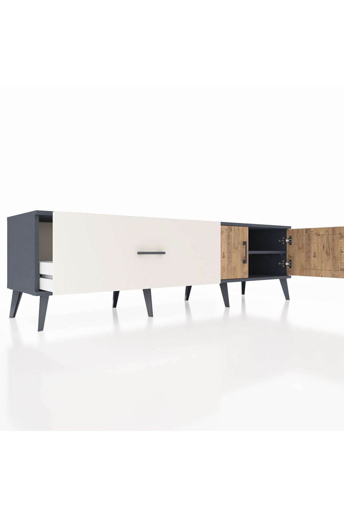 Hyperion TV Ünitesi Tek Raflı Tek Çekmeceli 2 Kapaklı 176x44x51 Antrasit-Çam/Aytaşı