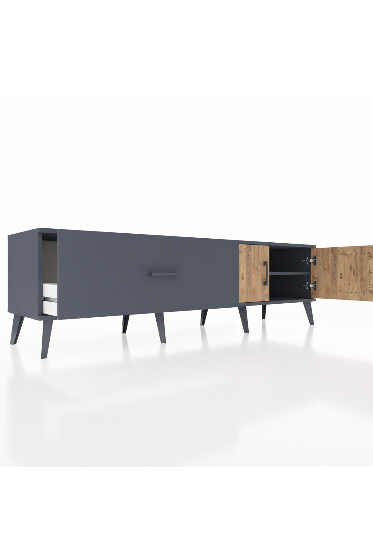 Hyperion TV Ünitesi Tek Raflı Tek Çekmeceli 2 Kapaklı 176x44x51 Antrasit-Çam/Antrasit