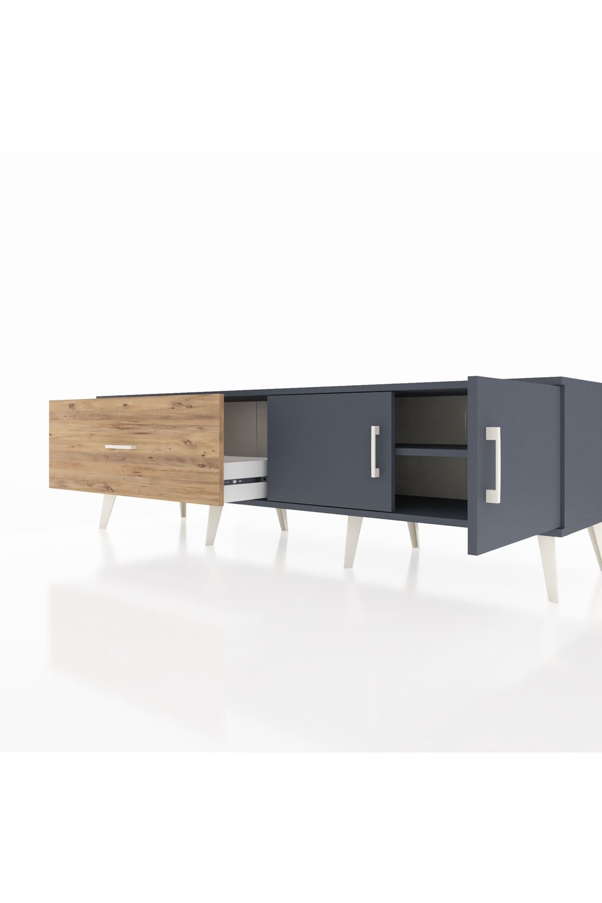 Hyperion TV Ünitesi Tek Raflı Tek Çekmeceli 2 Kapaklı 176x44x51 Antrasit-Antrasit/Çam