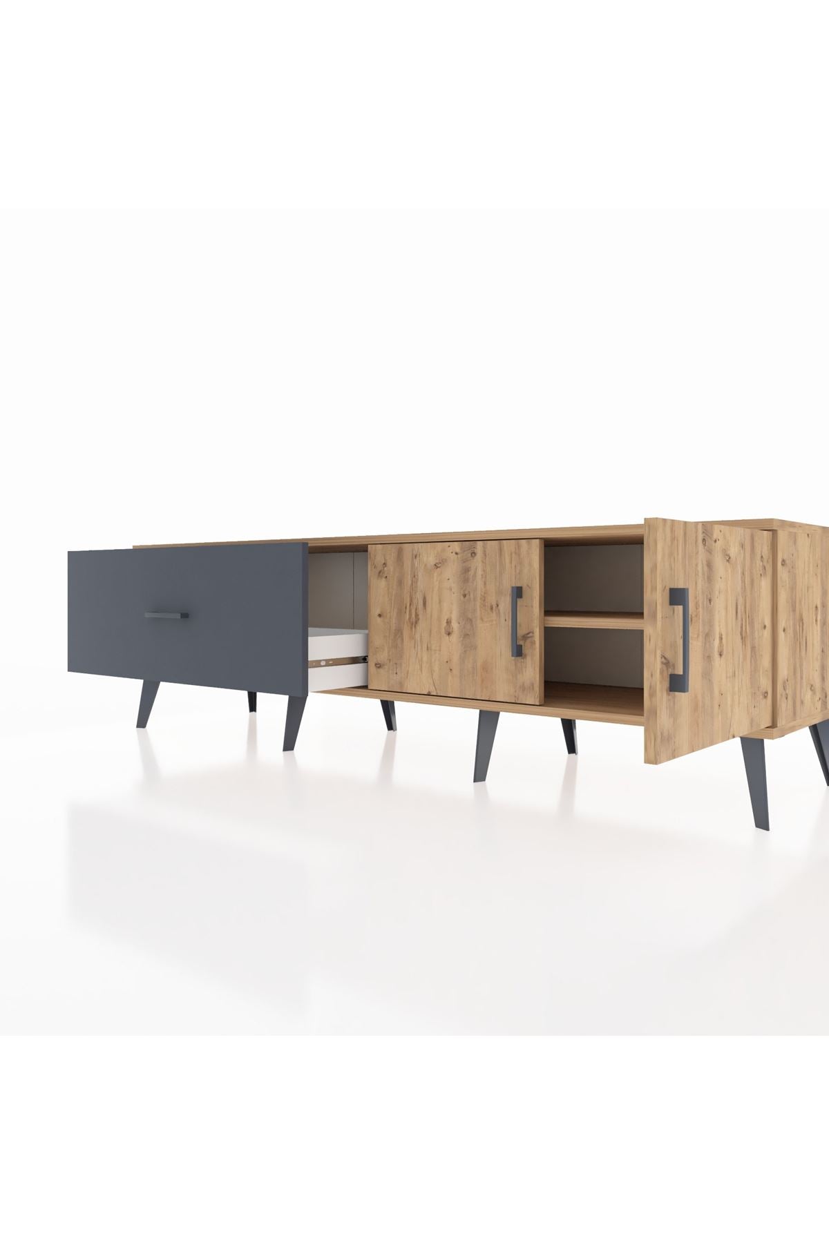 Hyperion TV Ünitesi Tek Raflı Tek Çekmeceli 2 Kapaklı 176x44x51 Çam-Çam/Antrasit