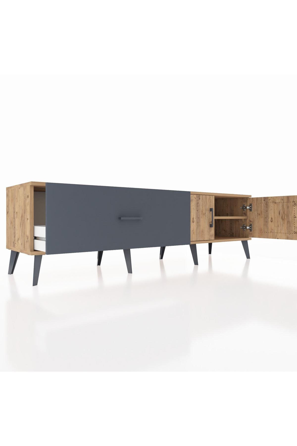 Hyperion TV Ünitesi Tek Raflı Tek Çekmeceli 2 Kapaklı 176x44x51 Çam-Çam/Antrasit