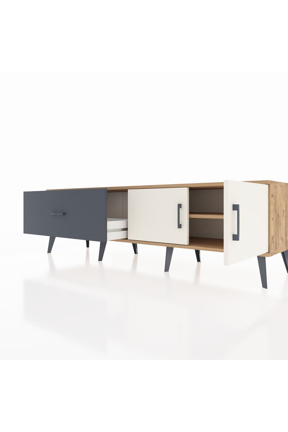 Hyperion TV Ünitesi Tek Raflı Tek Çekmeceli 2 Kapaklı 176x44x51 Çam-Aytaşı/Antrasit